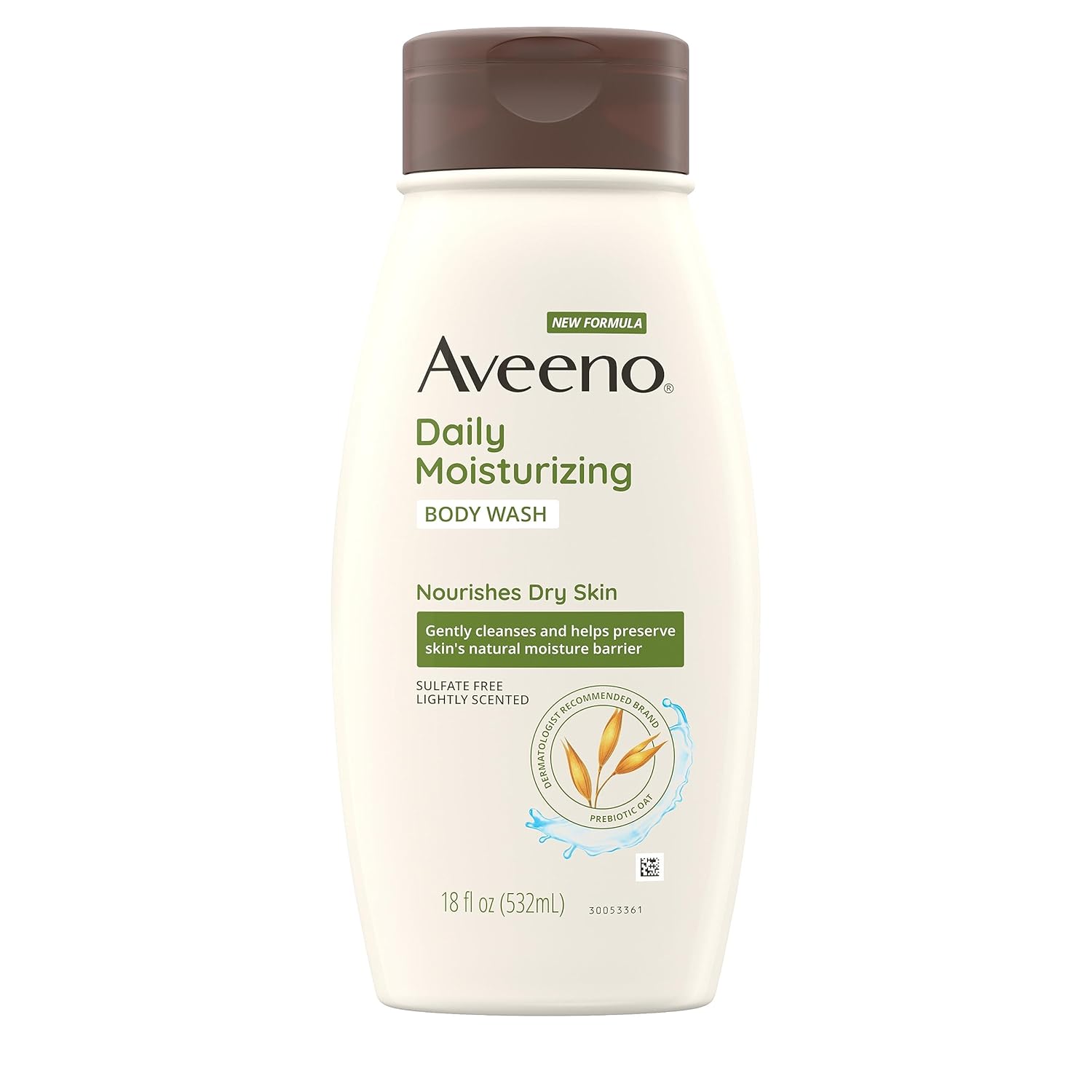 Aveeno Daily Moisturizing Body Wash for Dry & Sensitive Skin with Prebiotic Oat, Hydrating Oat Body Wash Nourishes Dry Skin & Gently Cleanses, Light Fragrance, Sulfate-Free, 18 fl. oz