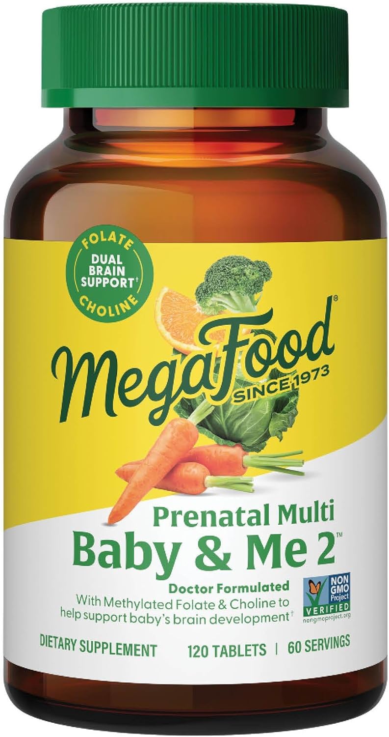 MegaFood Baby & Me 2 Prenatal Multi Vitamins - Prenatal Vitamins for Women with Choline, Methyl Folate & Iron, Vegetarian, Gluten-Free, Pre Natal Multivitamin for Women - 120 Tablets, 60 Servings