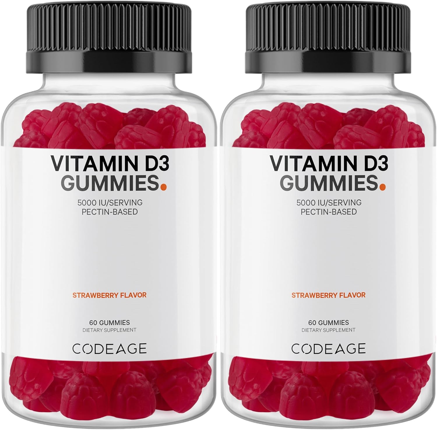 Codeage Vitamin D3 Gummy Vitamins, Vitamin D3 5000 IU Gummies Cholecalciferol 125 mcg, Soft Pectin-Based, Animal Gelatin-Free Gummy, Gummies Vitamins, Tasty Strawberry, Non-GMO - 2-Pack