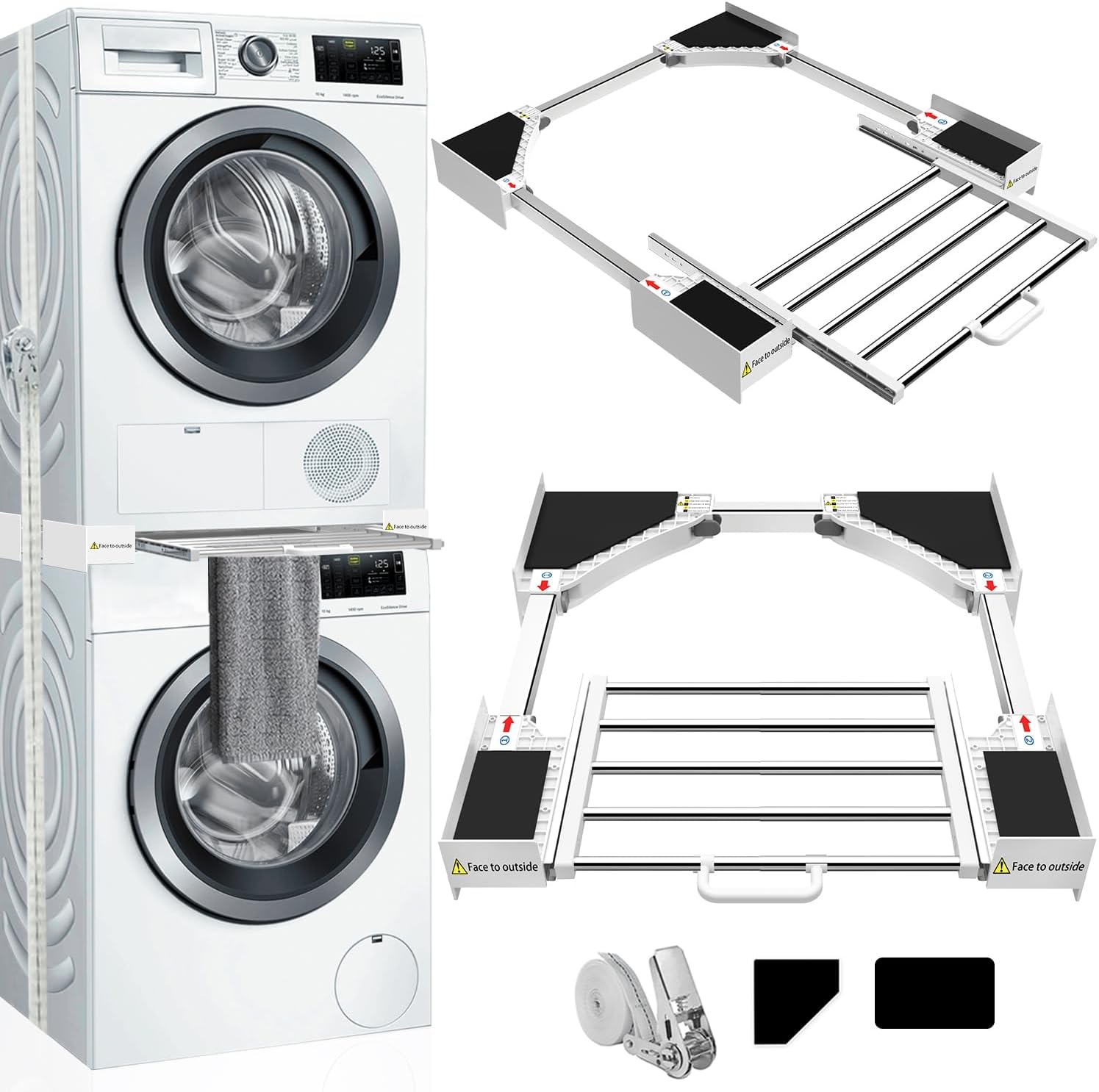 BOWEN EZ Stacking Kit for Tumble Washer and Dryer, Universal Washing Machine Stacking Kit with Shelf, Suitable for Washer with Width 53-68 cm, Adjustable Stacking Kit with Ratchet Rope