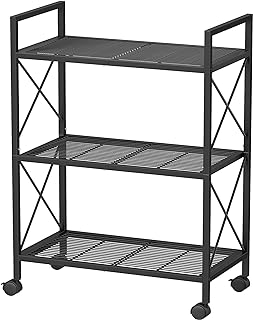 SONGMICS 3-Tier Metal Storage Rack with Wheels, Mesh Shelving Unit with X Side Frames, 23.6-Inch Width, for Entryway, Kitchen, Living Room, Bathroom, Industrial Style, Black UBSC163B01