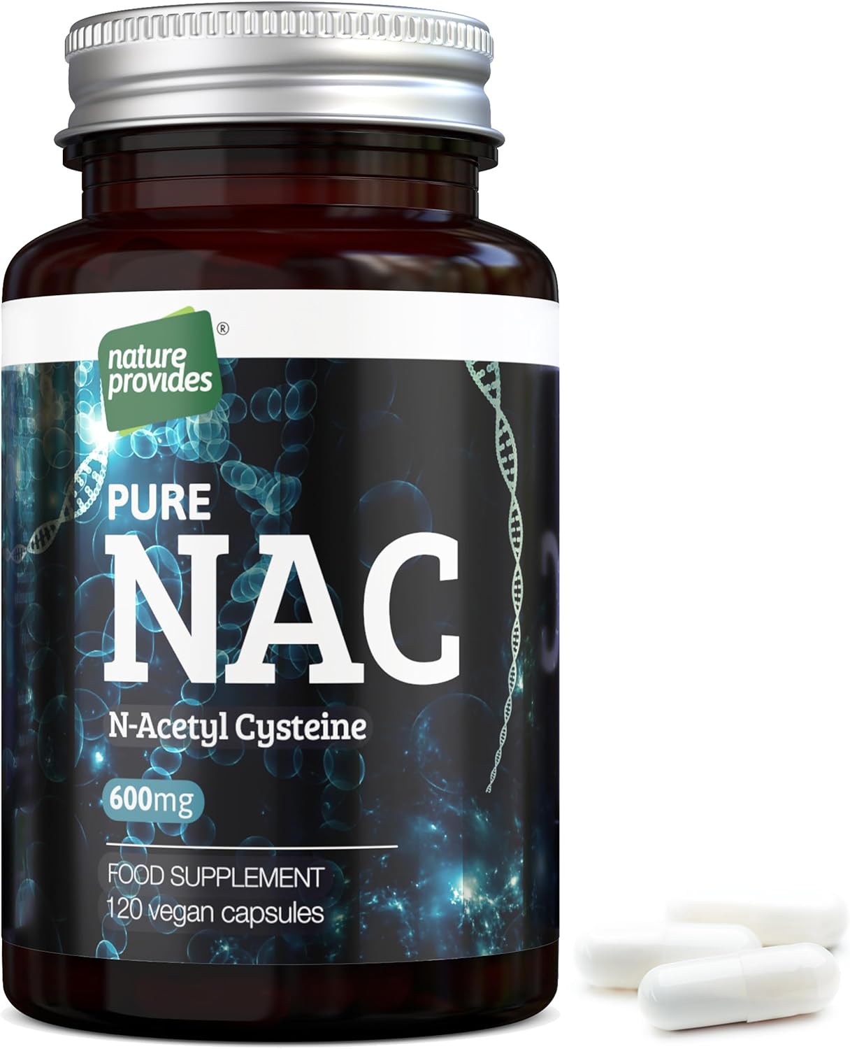NAC N-Acetyl Cysteine (Free Form) 600mg - 120 Vegan Capsules, High Grade and Stable, 100% Pure - No Fillers/Buffers/Flow Agents, UK Made by Nature Provides