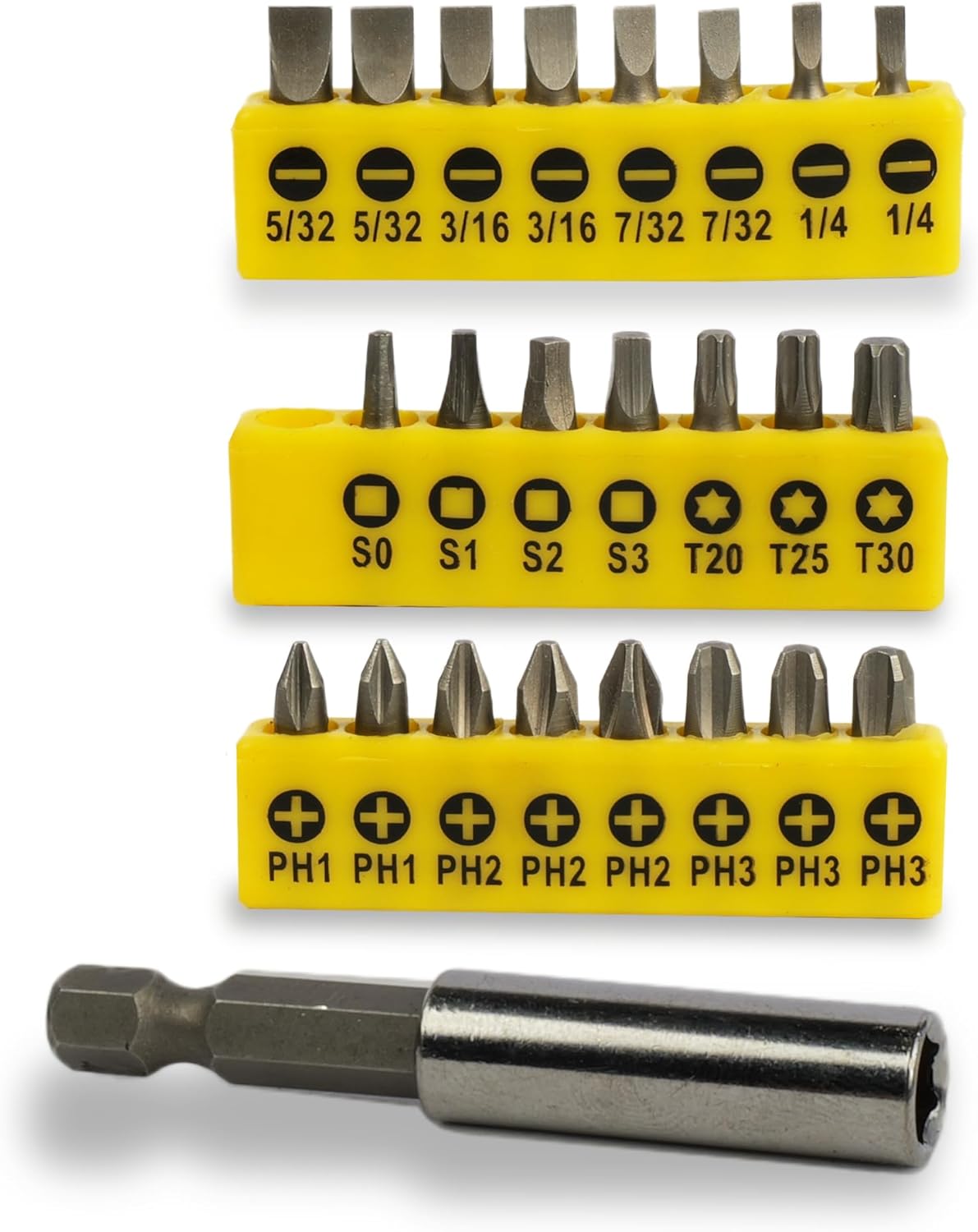 24-Piece Screwdriver Bit Set with Magnetic Holder – Includes Cross, Slotted, Torx, and Hex Bits, Socket Adapters, and Nut Drivers for Versatile Fastening