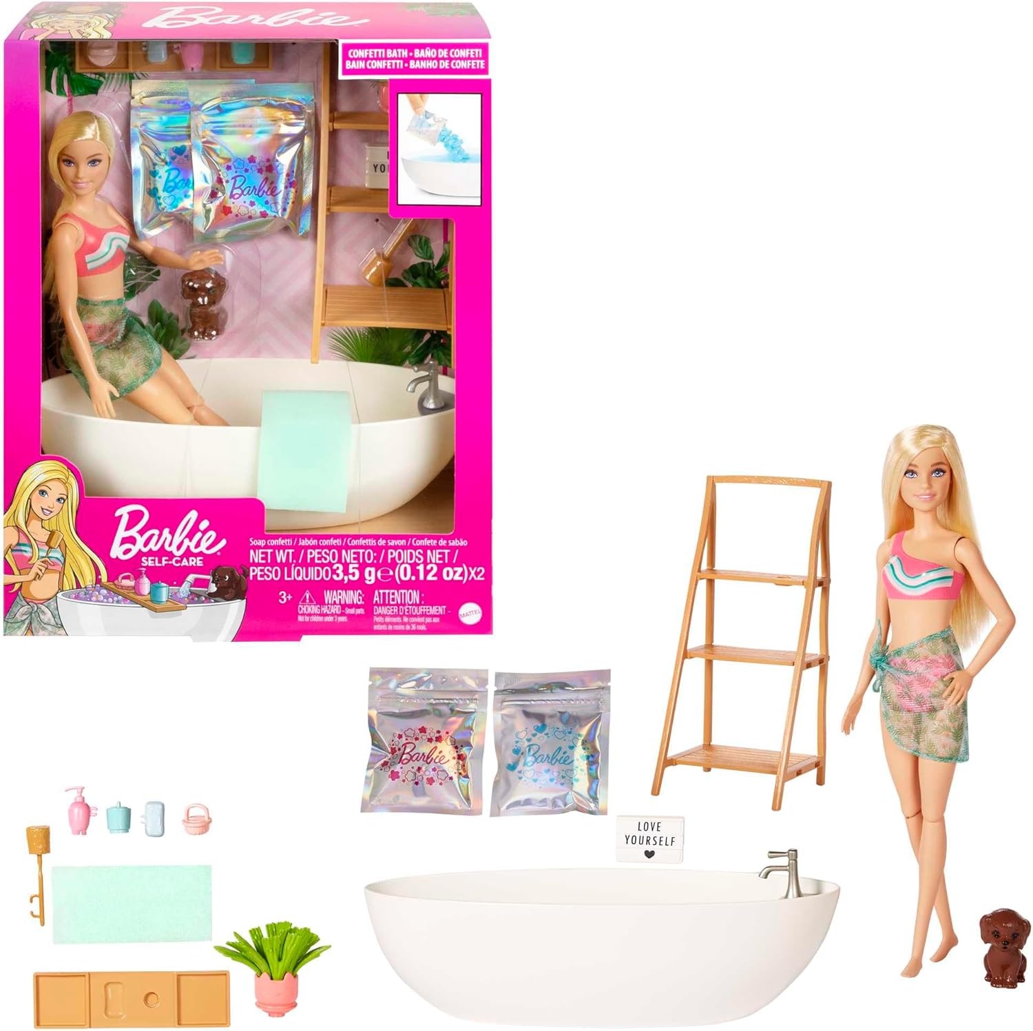 Barbie Doll and Bathtub Playset with Puppy, Kids Toys, Blonde, Colorful Confetti Soap and Accessories, Self-Care and Wellness Theme, HKT92