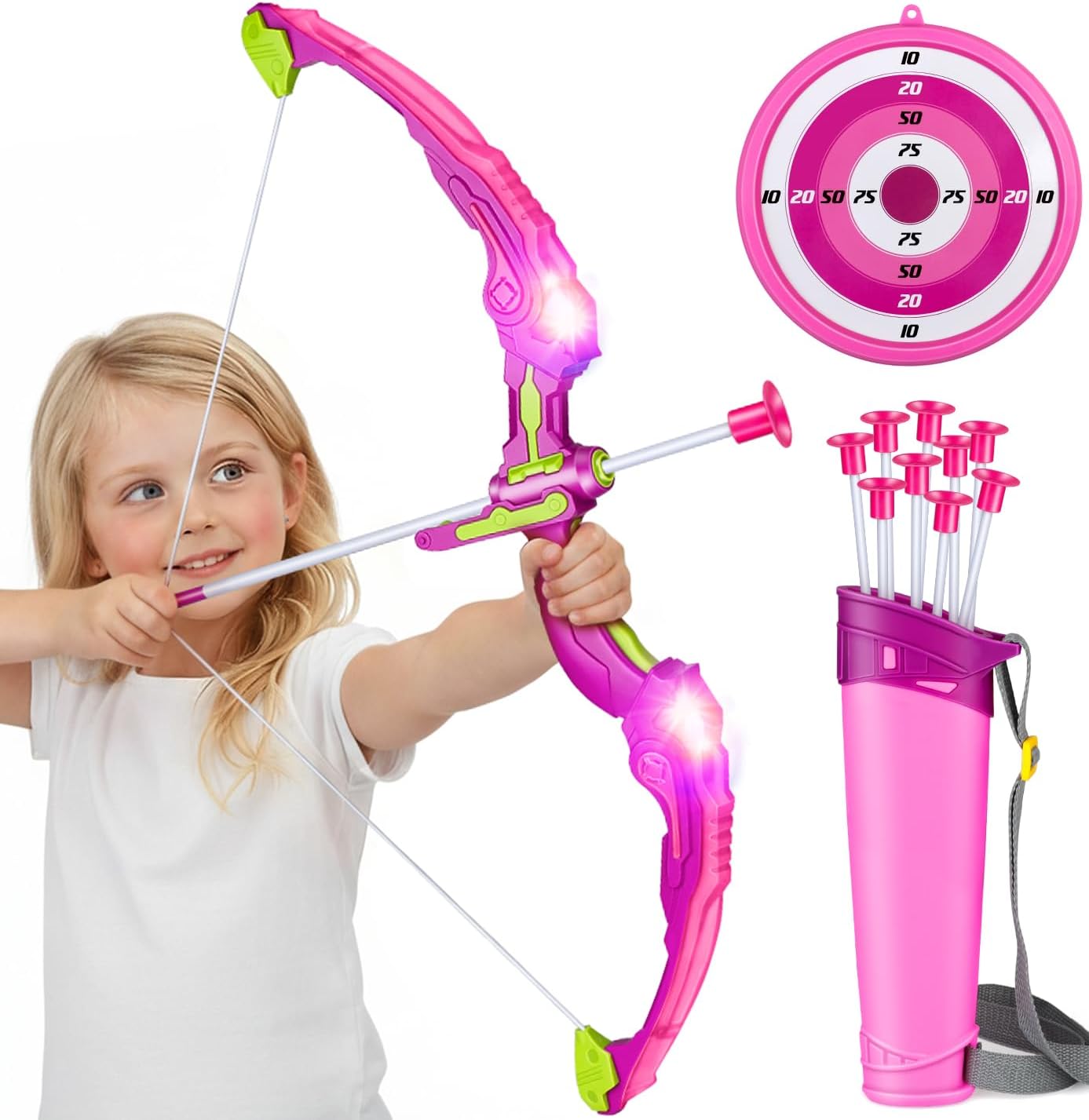 OWNONE 1 Bow and Arrow Set for Kids, 2 in 1 LED Light Up Archery Set Includes 1 Bow, 10 Suction Cup Arrows & 1 Quivers, Indoor Outdoor Toys Gifts for Girls Ages 4 5 6 7 8 Years Old (Pink)