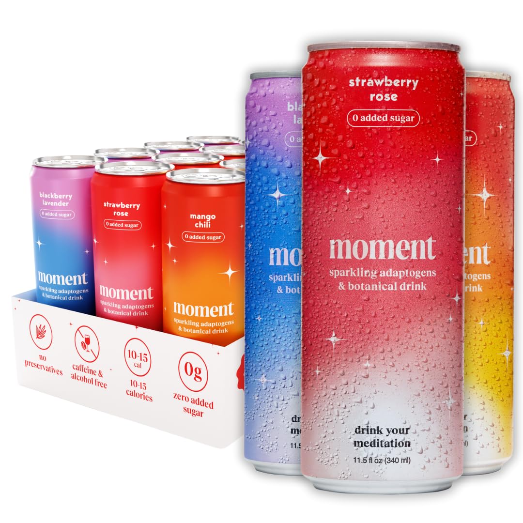 Moment Botanical Soda Soft Drink (Shark Tank) - SPARKLING Drinks | Fruity Fun | L-Theanine & Ashwagandha for Calm & Clarity | 0 Added Sugar 0 Caffeine | 12-pack