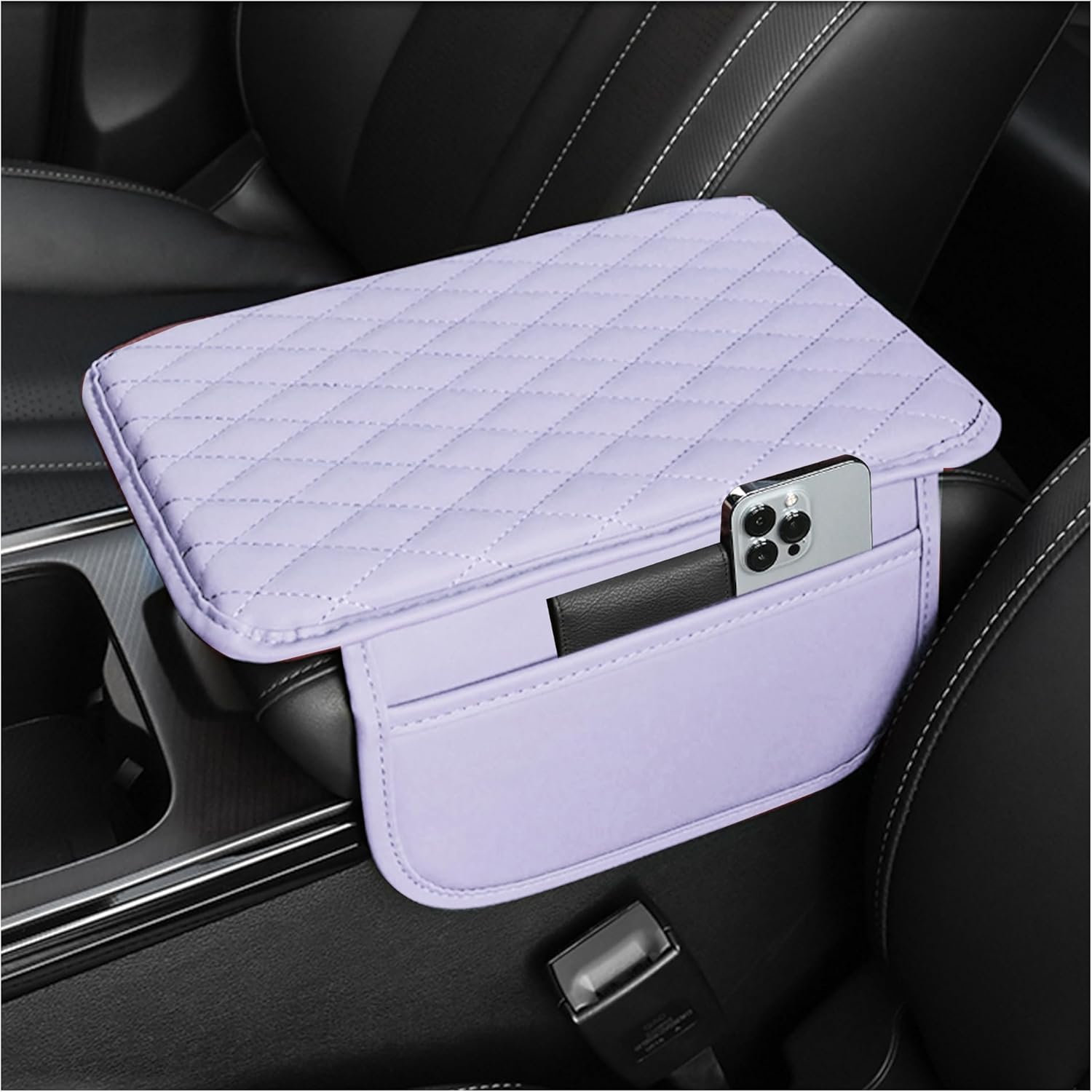 Upgraded Car Center Console Cover,Microfiber Leather Car Armrest Cover Cushion with 2 Storage Bags,Universal Car Armrest Storage Box Car Interior Accessories for Most Cars (Purple)