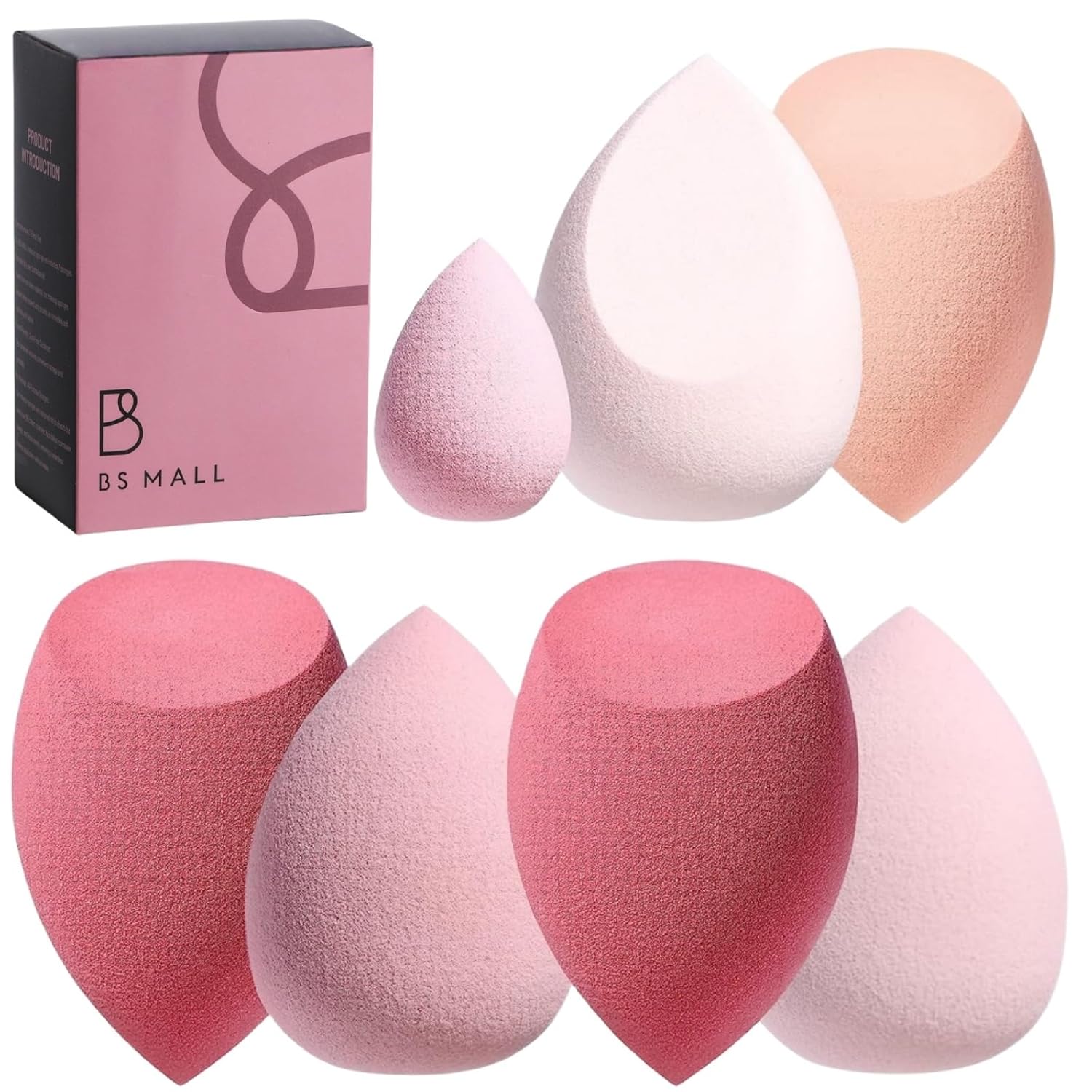 Makeup Sponge Set BS-MALL with Storage Case 7 Pcs for Liquid, Cream, and Powder,SAVE Foundation with 1 Mini Makeup Sponge For Travel Daily Use (A-Pink)