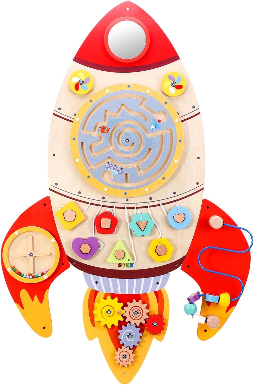 SOKA Wall Element Rocket Activity Wooden Board Fun Space Adventure Multi-Interactive Toy Shape Sorter Spinning Maze Educational Montessori for Kids Children Boy Girl Ages 3 year old +
