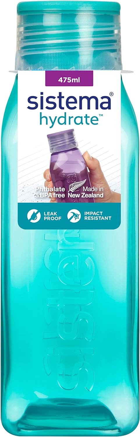 Sistema Square Water Bottle | 475 ml | Leakproof Kids Water Bottle | BPA-Free | Assorted Colours (Not Selectable) | 1 Count