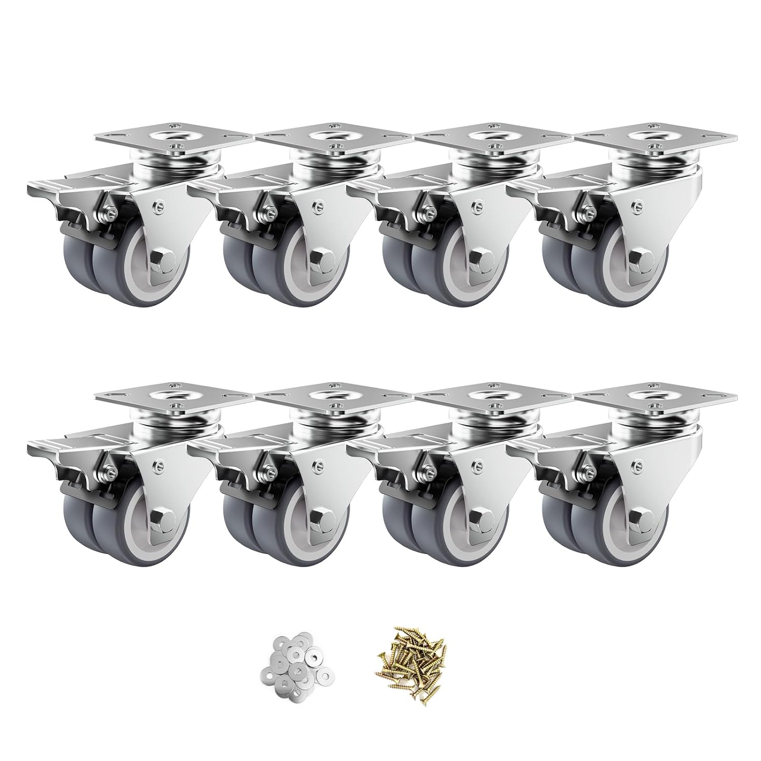 2" Double Wheel Casters with Brake (8 Pack)