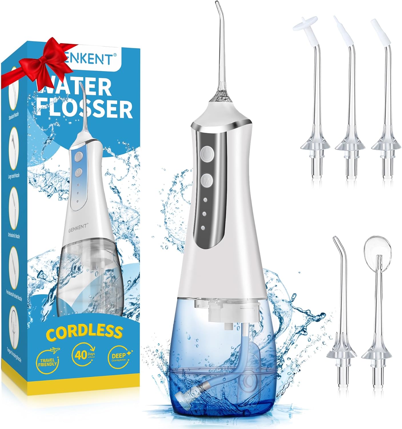 Water Flosser Pick for Teeth Cleaning 300ML Dental Oral Irrigator 3 Modes 5 Tips Rechargeable Travel Pik Waterproof Dental Picks Electric Flossing for Home (White)