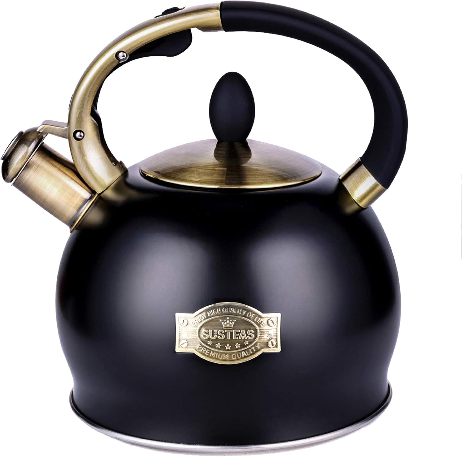 SUSTEAS Stove Top Whistling Tea Kettle-Surgical Stainless Steel Teakettle Teapot with Cool Touch Ergonomic Handle, with 1 Silicone Pinch Mitt Included,3L (Black)