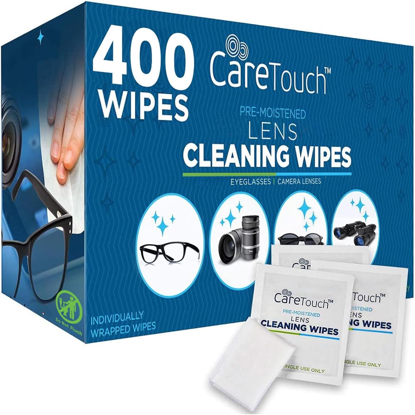 Care Touch Lens Wipes for Eyeglasses - 400 Count Individually Wrapped Pre-Moistened Wipes, 5 x 6 Inch - Sunglasses, Screens, and Glasses Cleaner - Gentle and Portable for Cleaning of Devices