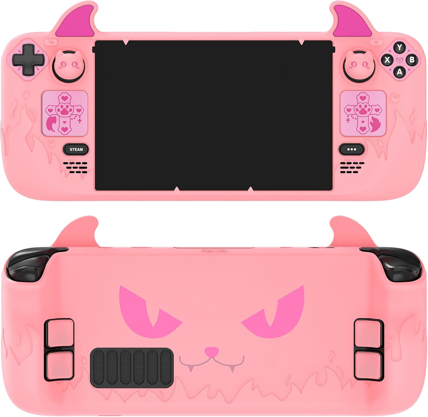 PlayVital Cute Demon Protective Case for Steam Deck LCD & OLED, Kawaii Anti-Slip Protector for Steam Deck OLED with Thumb Grip Caps & Trackpads Stickers & Back Button Enhancement Set - Pink