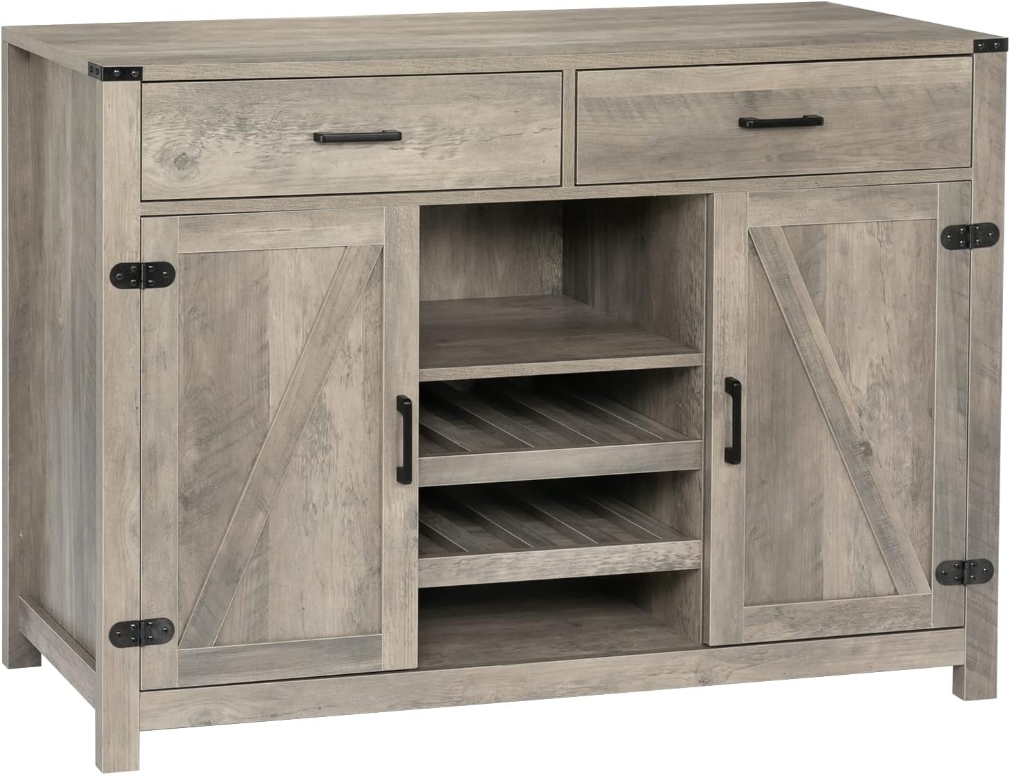 VINGLI 47.2" Buffet Cabinet with Storage, Sideboard and Buffet with Storage, Kitchen Buffet Storage Cabinet, Farmhouse Sideboard Cabinet, 2 Drawers, 2 Cabinets, Adjustable Shelves, Wine Rack, Gray Oak