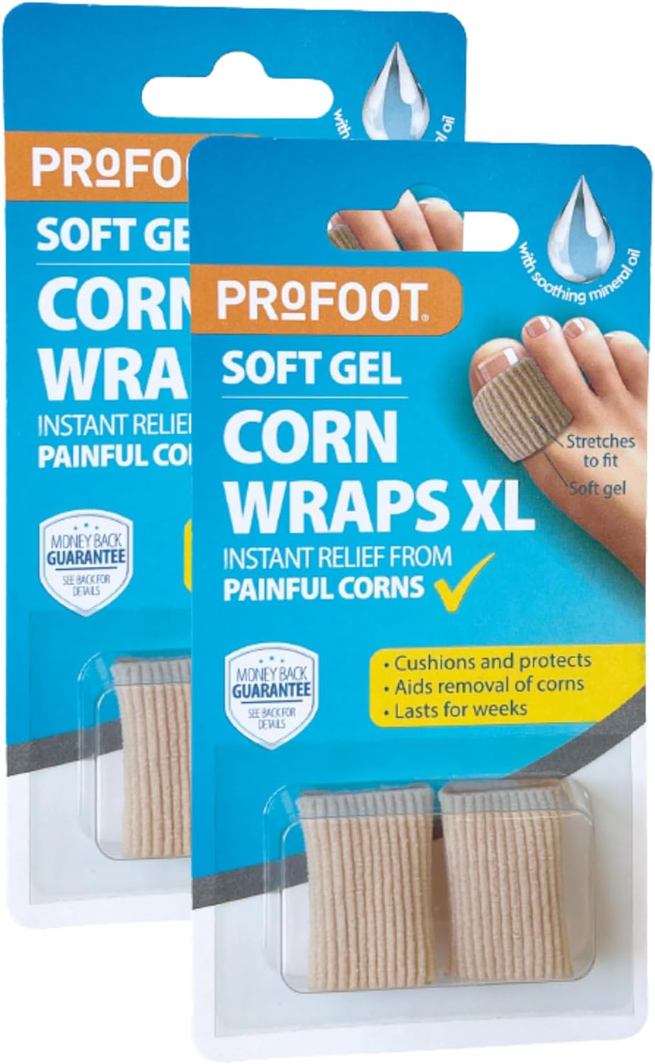 Profoot Soft Gel Corn Wraps XL - Instant Relief from Painful Corns - Contains Soft Gel, Reduces Pressure and Friction - Contains 3 Washable & Reusable Toe Wraps - for Bigger Toes (2 Pack)