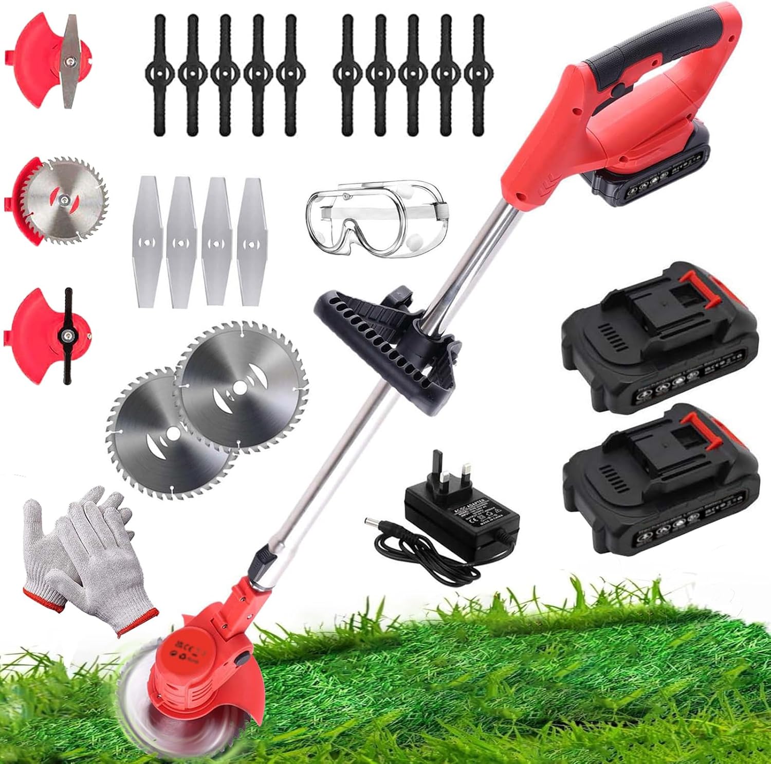 TWZ Cordless Strimmer Electric with Battery and Charger, 3-in-1 Grass Trimmer Telescopic Grass Cutter, with 3 types 16 Blades 2 Batteries, for Garden Mowing, Edging, Sawing of Lawn and Shrubs