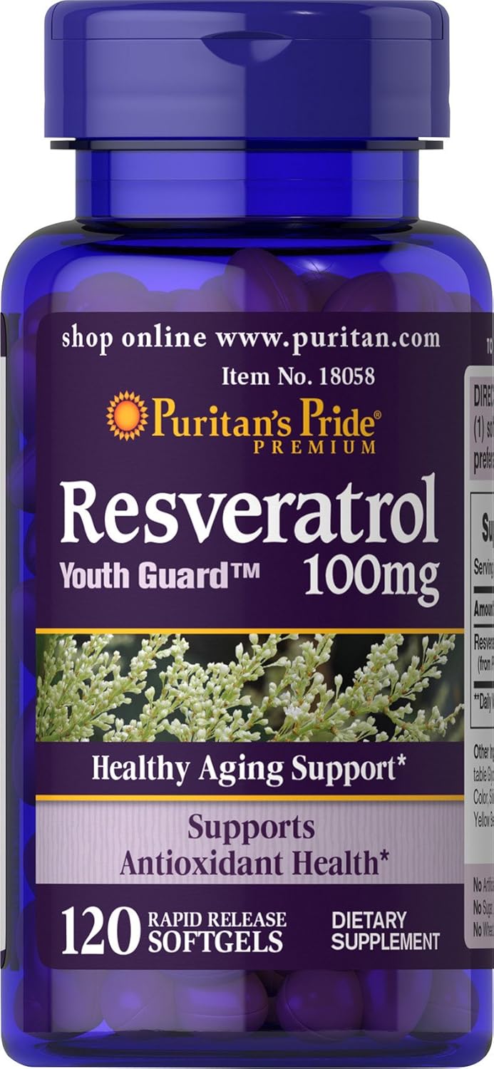 Puritan's Pride Premium Resveratrol Youth Guard™ 100mg, Dietary Supplement for Immune System, Antioxidant, Sugar Metabolism, Blood Flow, and Vascular Function Support, 120 Rapid Release Softgels