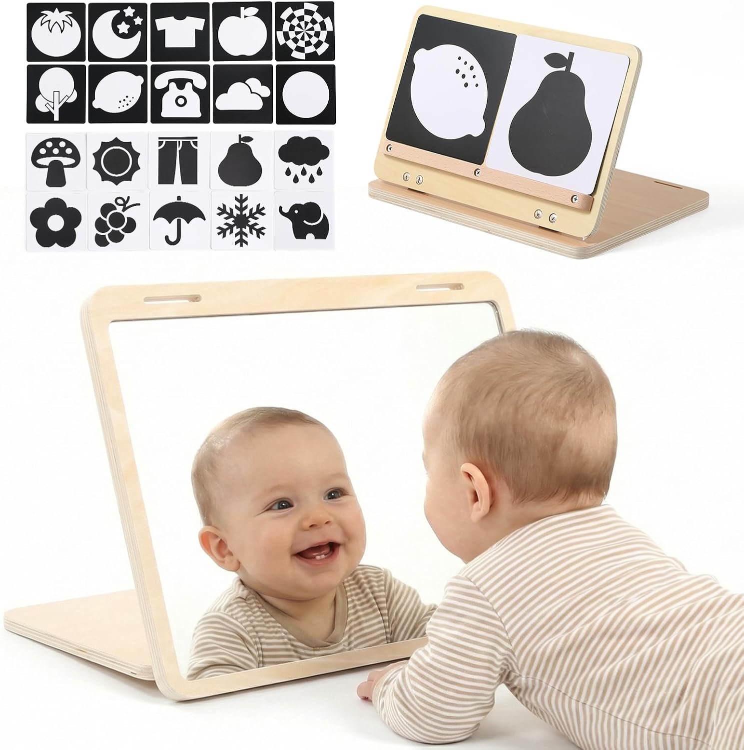 Tummy Time Mirror Toys, Baby Mirror Tummy Time Play Set for 0-6 Months