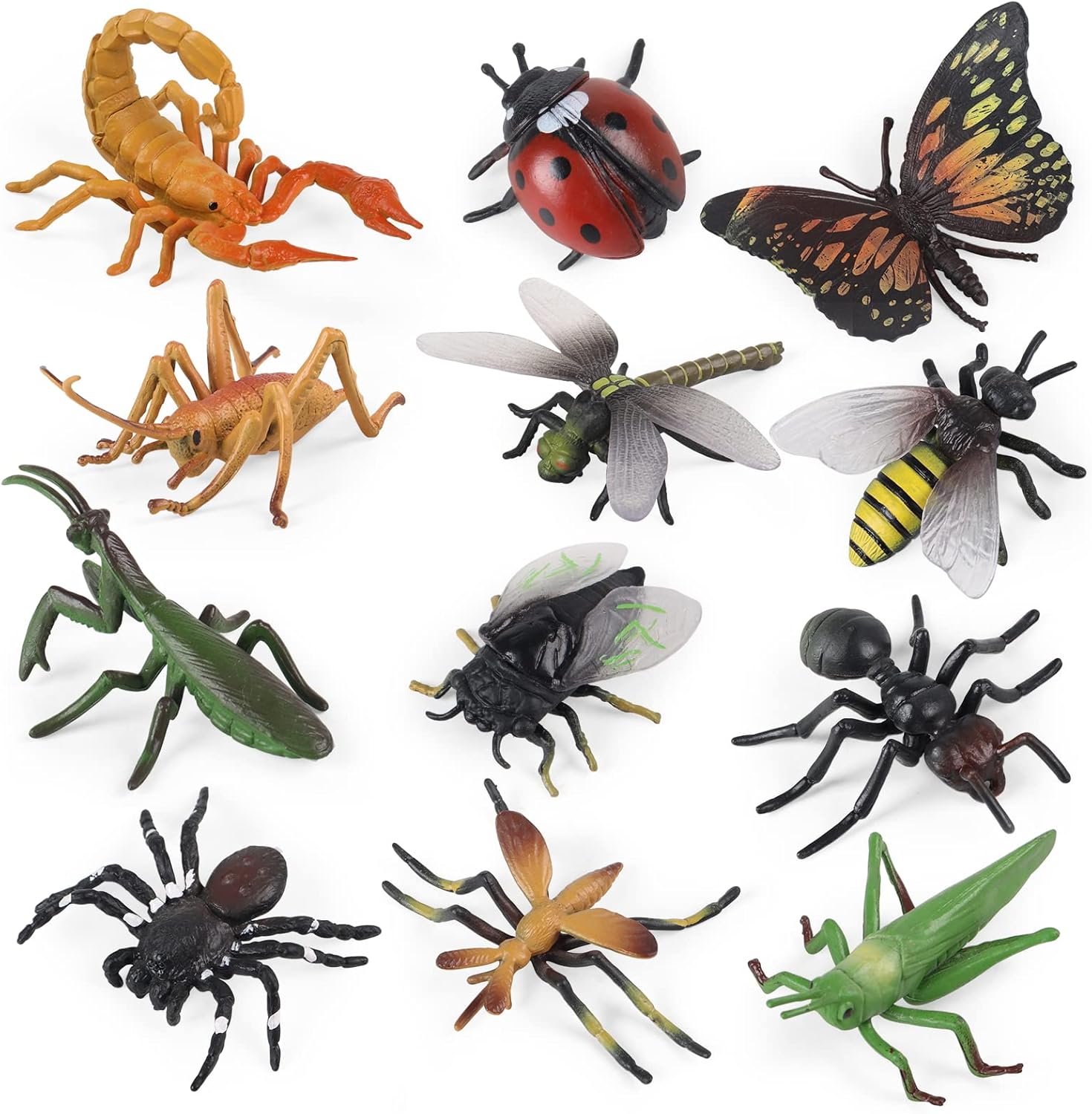 SIENON Realistic Insect Toys Figures-12Pcs Large Plastic Bugs Figurines Set with Ladybug Bee Butterfly Ant Cricket Mantis Scorpion Spider-School Project Halloween Insect Theme Birthday Party Favors