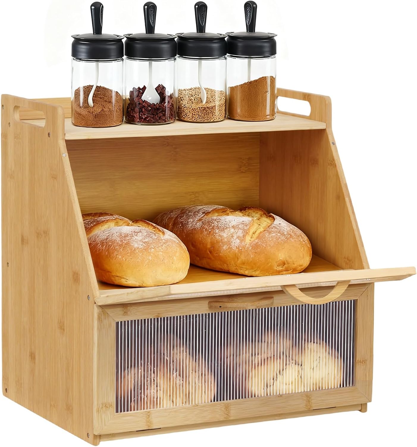 Double Decker Bamboo Bread Bin 2-Layer Bread Box Eco-friendly Large Capacity Bread Storage for Kitchen Countertop, Food, Fruit & Veg Cupboard Keep Fresh, 37.8x28x38.8 cm, Self Assembly