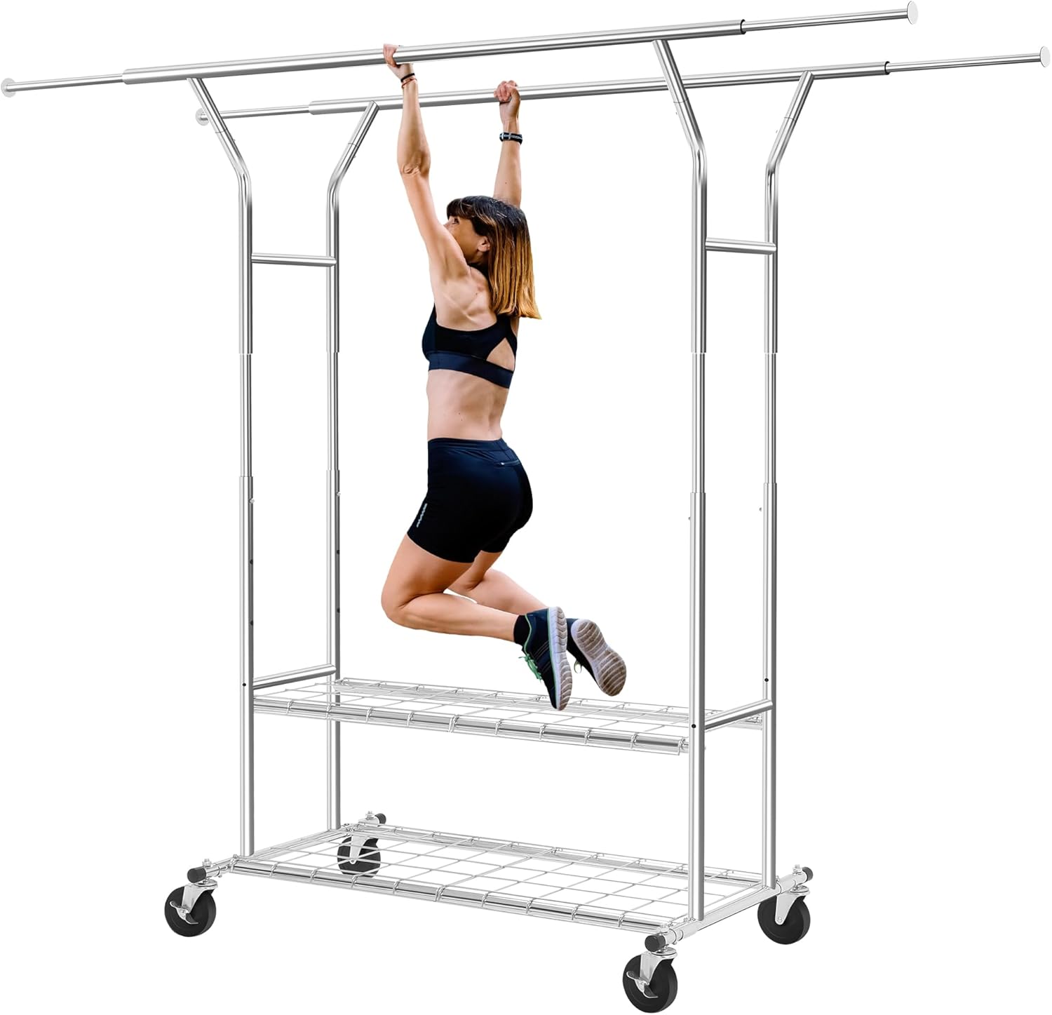 Rengue Double Rack Heavy Clothes Duty Rolling Clothing Racks for Hanging Clothes Portable Clothes Rack Metal Clothing Rack with Wheels Collapsible Commercial Garment Rack with 2 Storage Racks