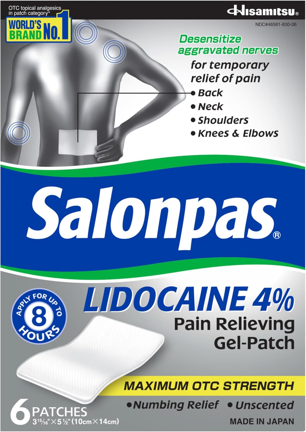 Salonpas Lidocaine 4% Pain Relieving Gel-Patch, 6 Count (Pack of 1)