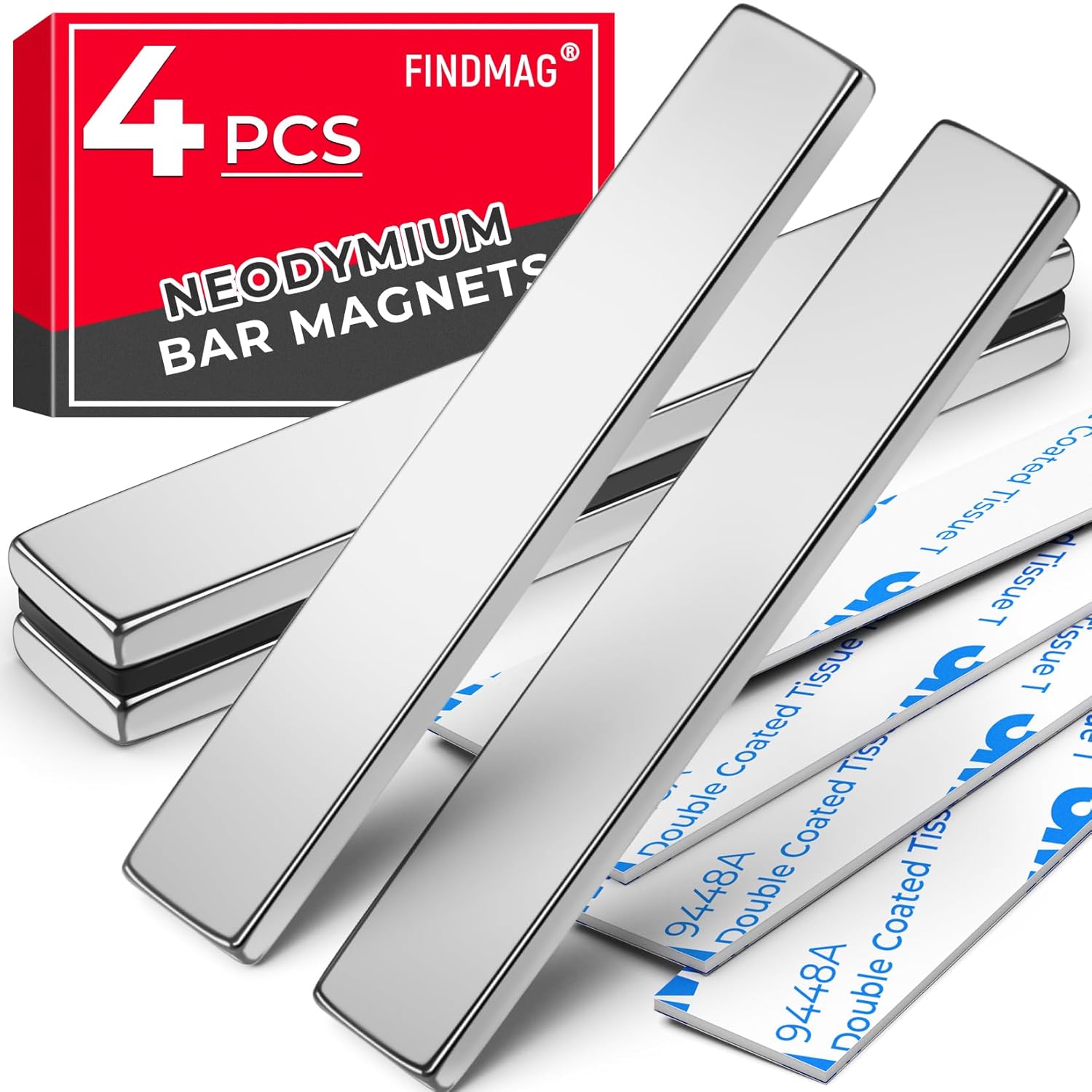 FINDMAG Strong Magnet, 4 Pack 60 x 10 x 3 mm Neodymium Magnets, Magnetic Strips, Bar Magnet, Permanent Rare Earth Magnets with Double-Sided Adhesive, Bar for Fridge Crafts, Tools, Wall, Board