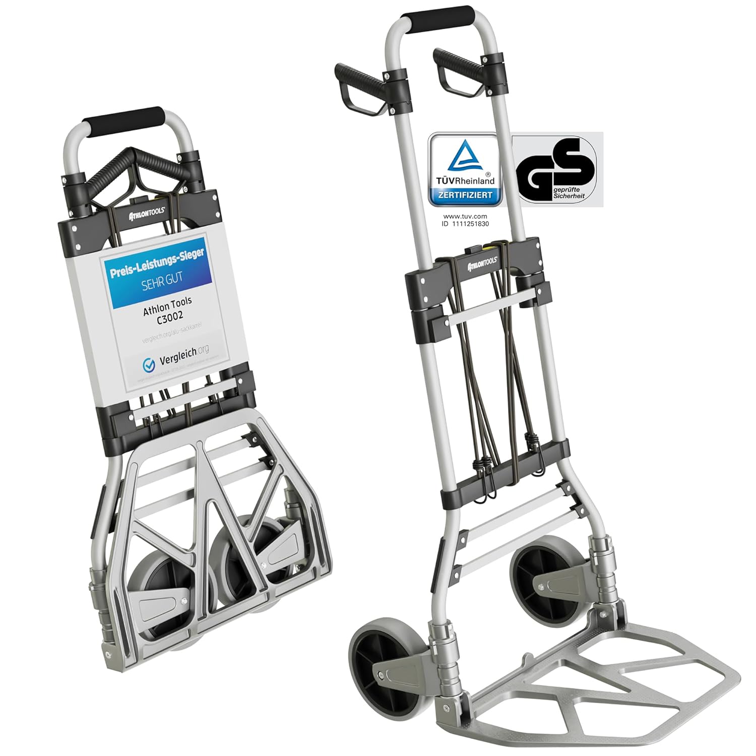 ATHLON TOOLS Aluminium Foldable Hand cart - Smooth-Running Wheels with Soft treads - incl. 2 Expanding Cords (Hand truck heavy)