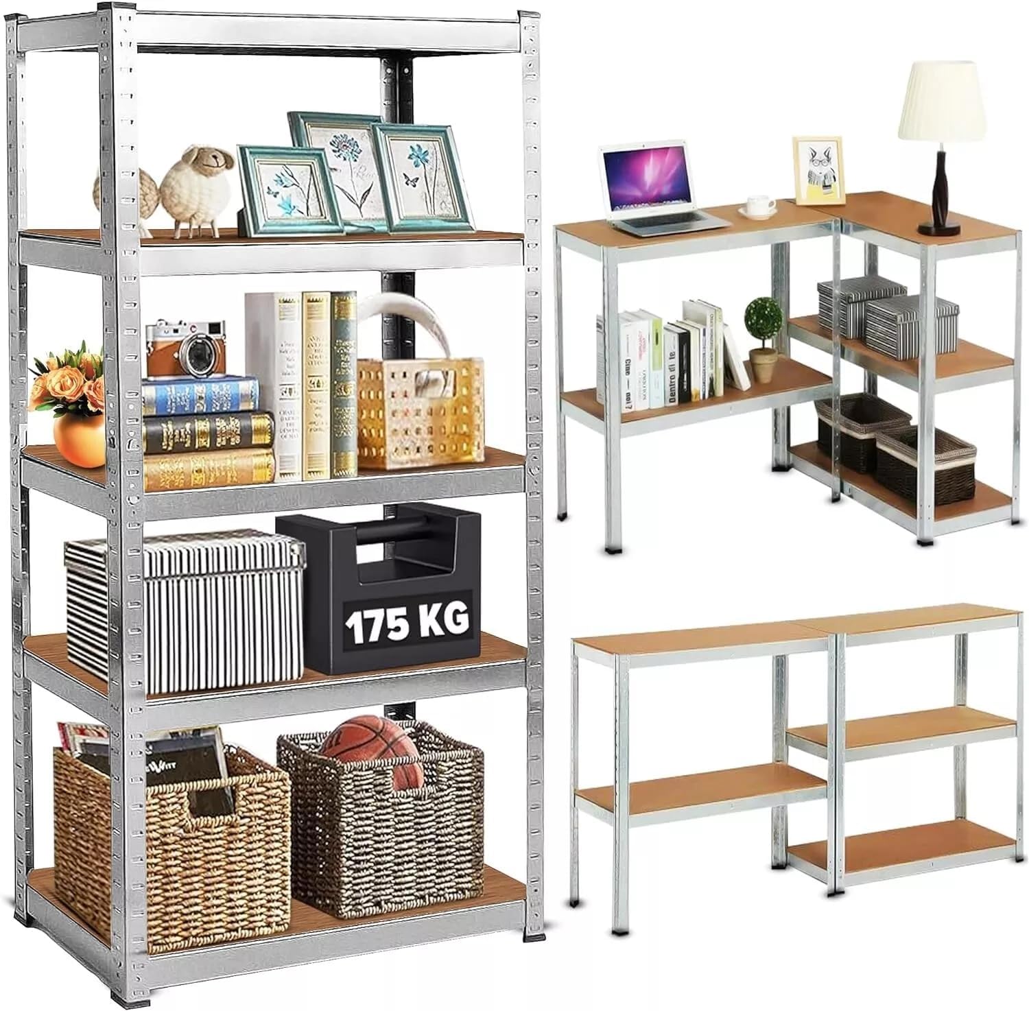 LUXTROUS Garage Shelving Units 5-Tier Storage Shelves, 175kg Per Shelf, 5mm MDF Boards, Shed Storage Racking Shelf Adjustable Metal Boltless Design for Living Room,Office(Silver,70x30x150cm)