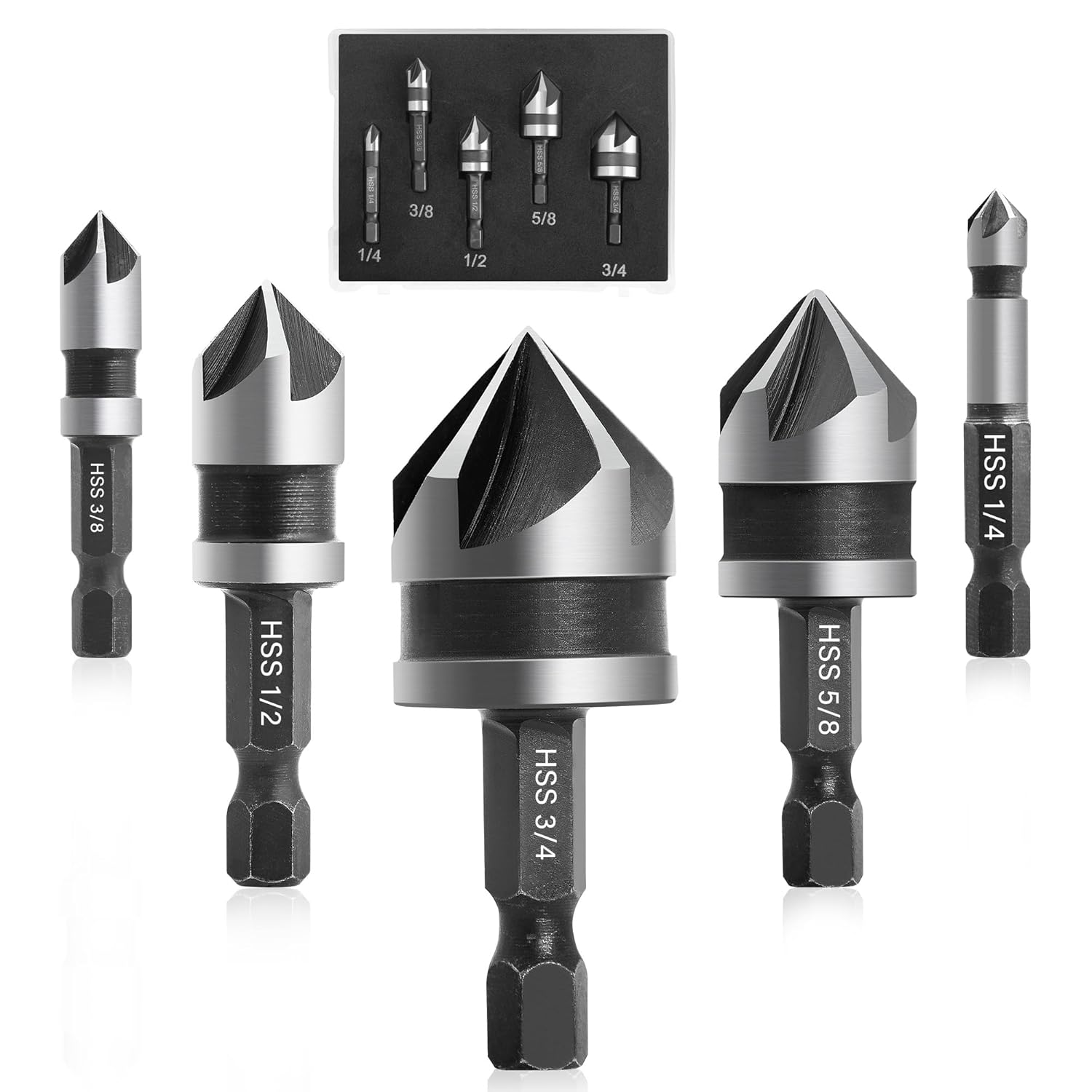 5 Pcs Countersink Drill Bit Set, 82 Degree 5 Flute High-Speed Steel Countersink Drill Bit with 1/4” Hex Shank, 1/4" to 3/4" Size for Machinable Metals, Wood, Carbon Steel, in Aluminum Case
