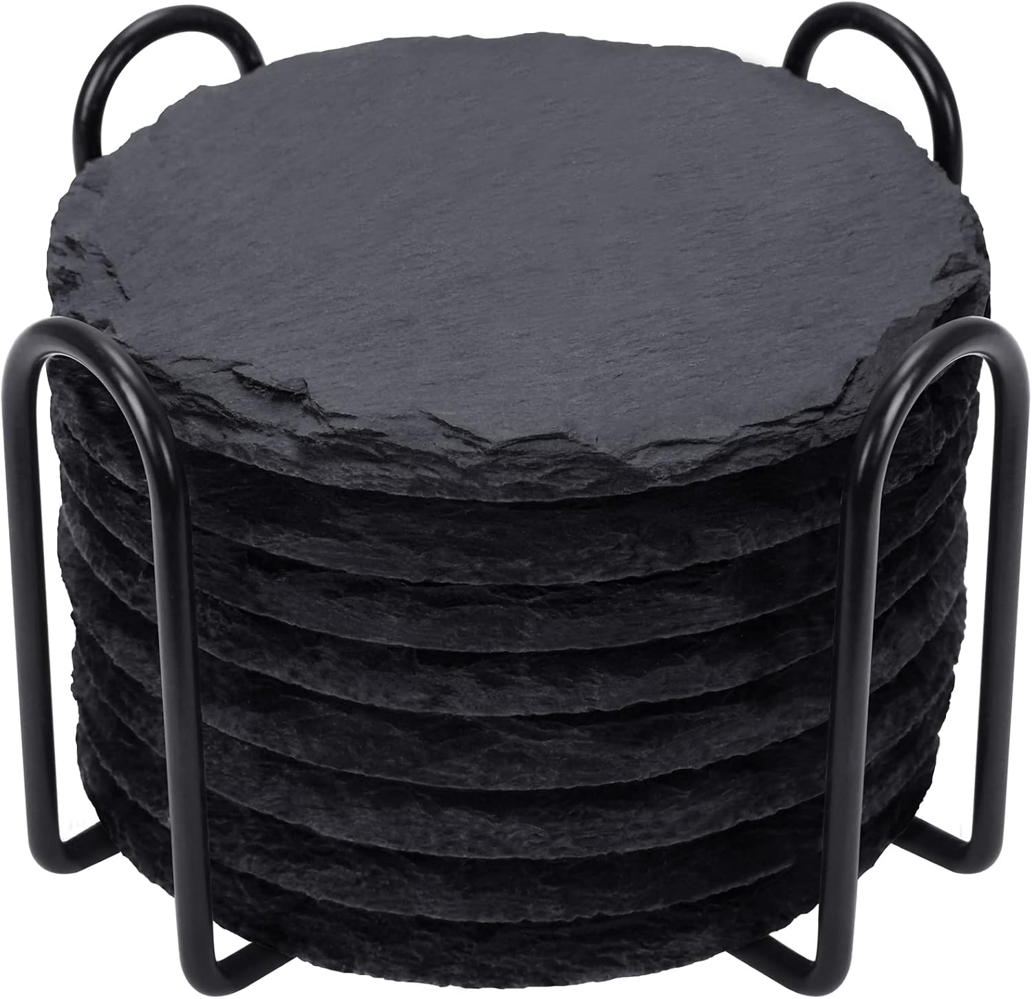 Slate Drink Coasters with Metal Holder, GOH DODD Set of 8 Black Coasters, 4 Inch Stone Coaster Set Coffee Table Decor Tabletop Protection for Home Office Kitchen Apartment, Round