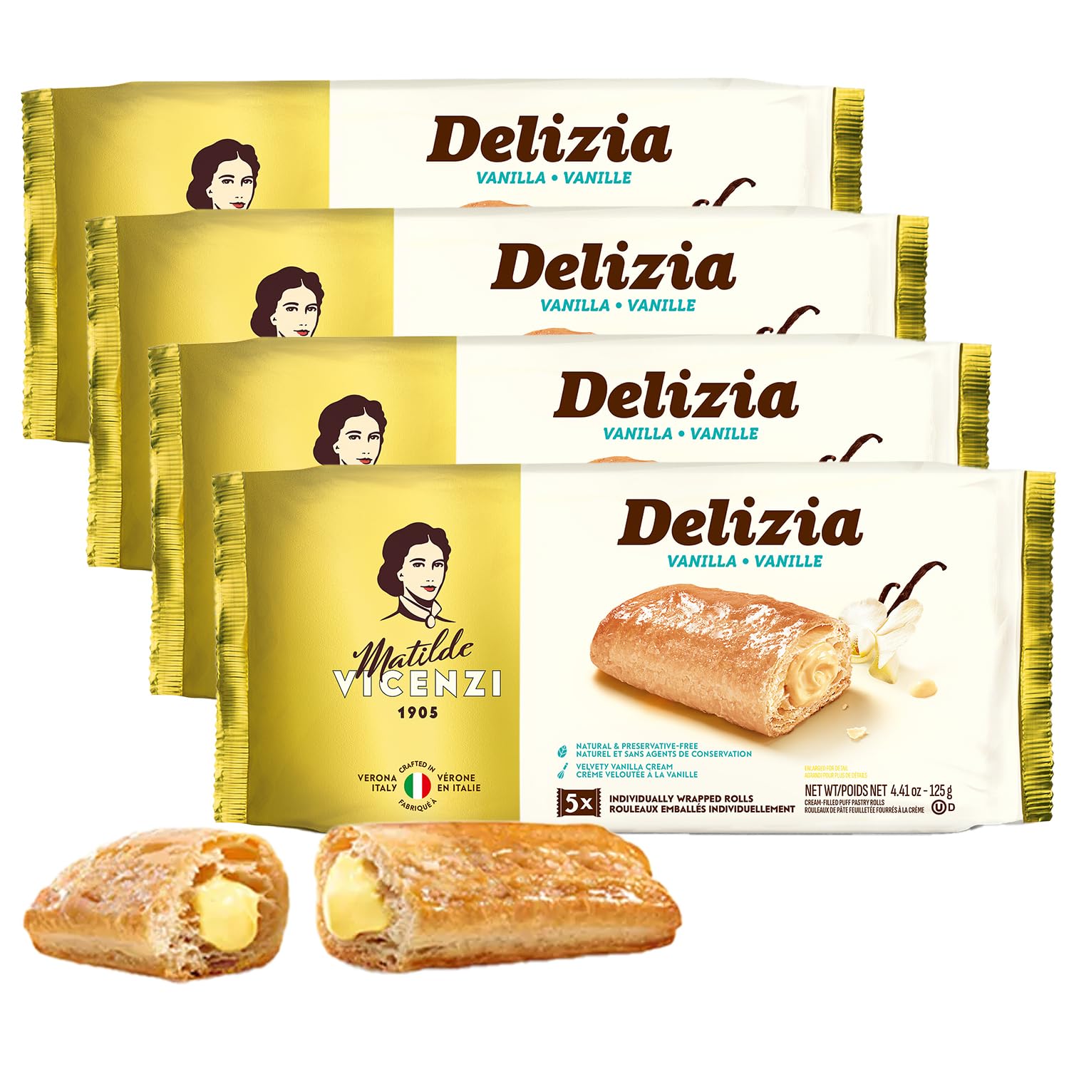 Delizia Pastry Cream by Pasticceria Matilde Vicenzi, Cream Filled Puff Pastry Patisserie Rolls, All-Natural, Kosher Dairy, Made in Italy - 4.41oz (125g) Box, 4-Pack