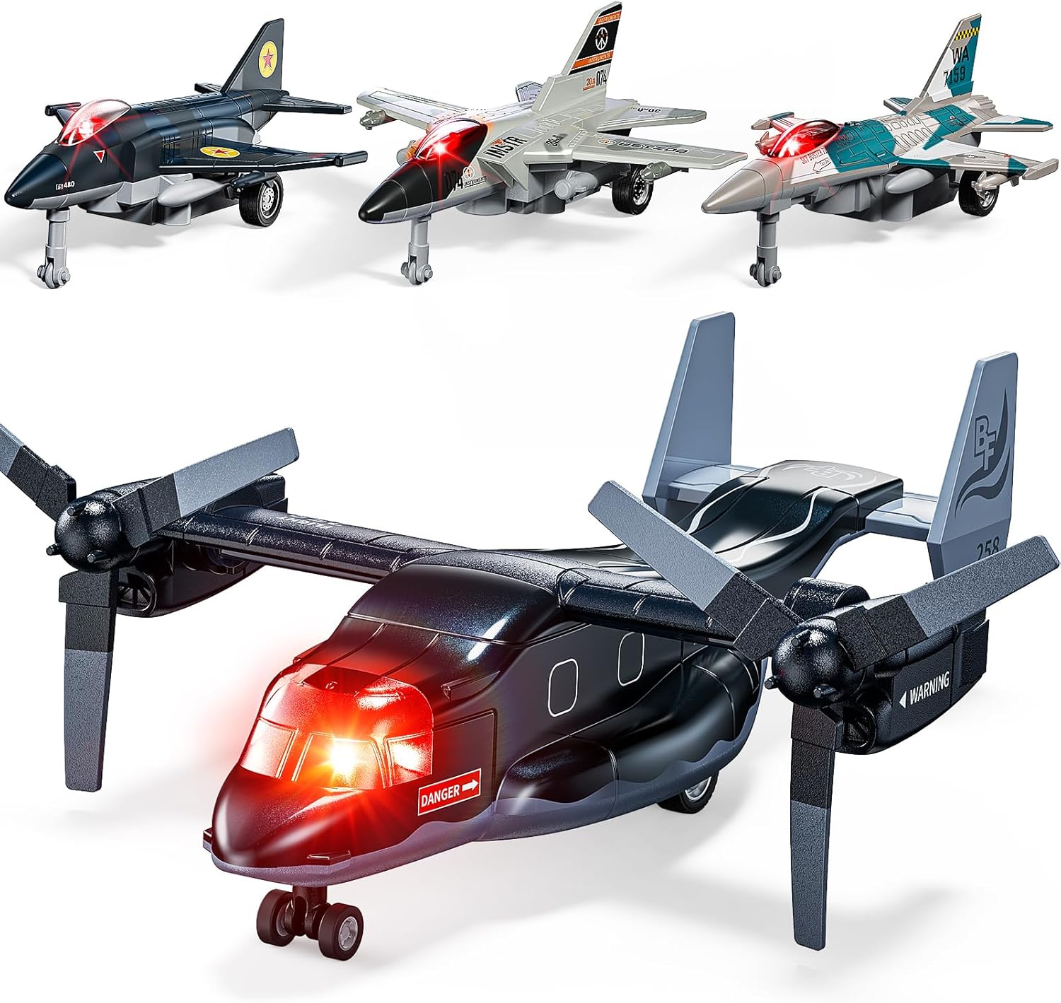Geyiie Die Cast Airplanes Toys, Army Plane Toys Set for Kids 3-12, Fighter Jet Military Transport Helicopter with Rotated Wings, Airforce Plane Model with Sounds and Lights, 4 Pack