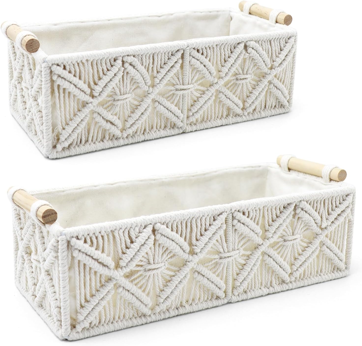 Nonam Macrame Storage Baskets, Boho Decor Style Woven Storage Boxes for Home Organization, Toilet Tank Shelf Cabinet Organizer Baskets,Set of 2 - White