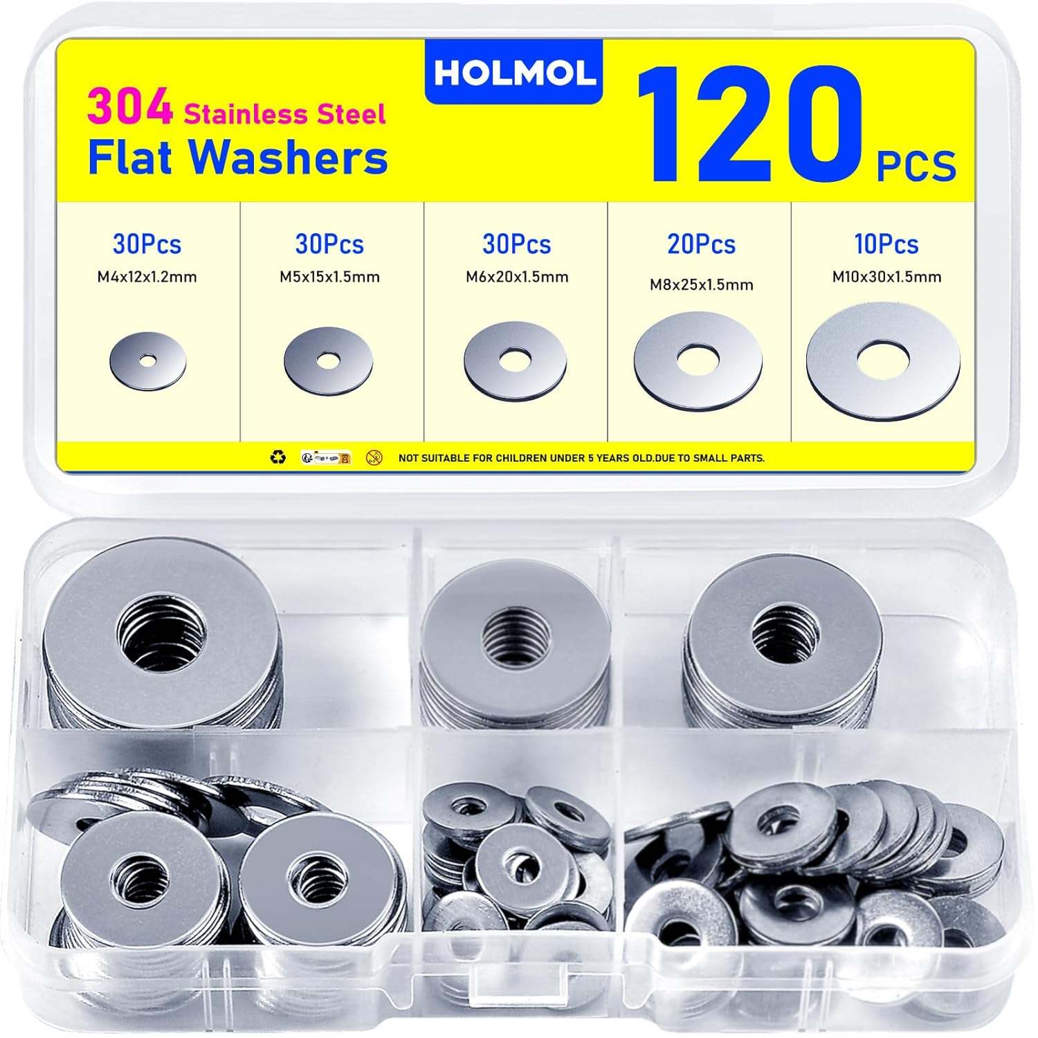 Washers 120 PCS, HOLMOL Flat Penny Washers, Stainless Steel Washer for Screws & Bolts with 5 Sizes M4 M5 M6 M8 M10, Flat Metal Washer Assorted
