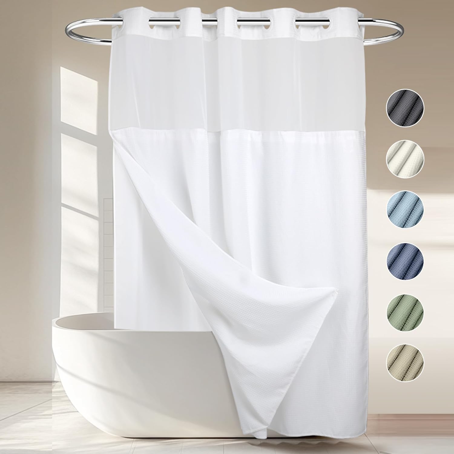 River Dream Heavyweight No Hooks Required Dotted Waffle Weave Shower Curtain with Snap in Liner，Bathroom Curtains Shower Set - 71W x 74H,Hotel Grade,Spa Like Bath Curtain,White