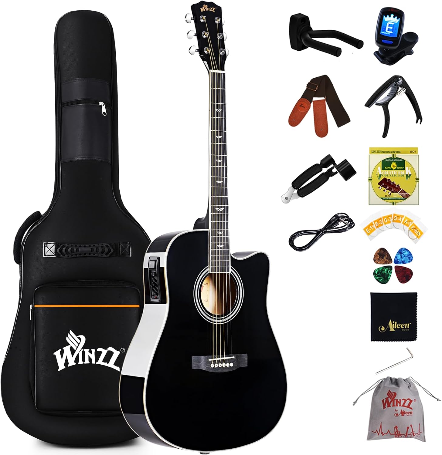 Winzz 4/4 Electro-Acoustic Guitar, Western Guitar Set for Adults and Beginners, Acoustic Guitar 41 Inch with 4-Band Equaliser (Dreadnought, Glossy, Black)