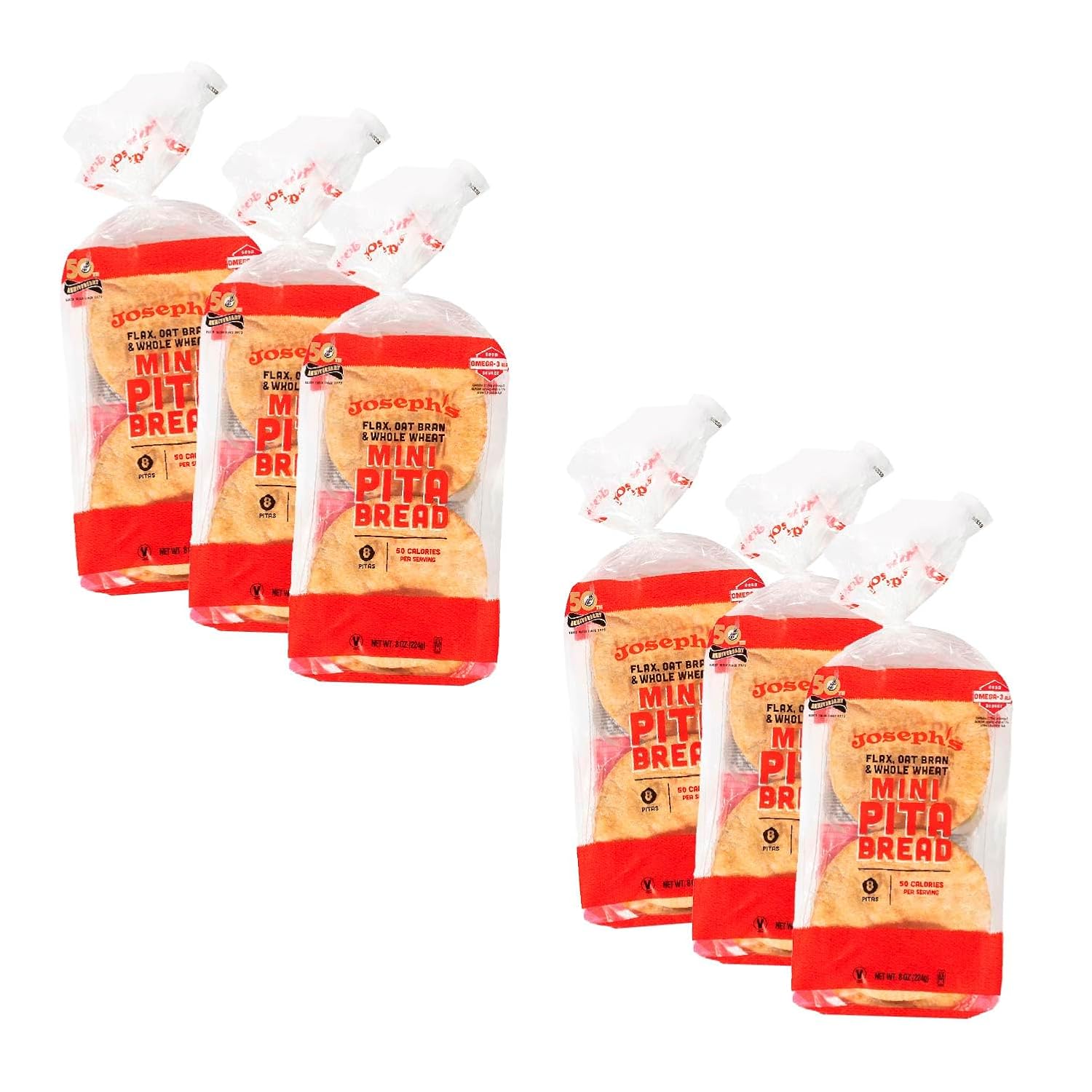 Joseph's Low Carb MINI Pita Bread 6-Pack, Flax, Oat Bran and Whole Wheat, 5g Carbs Per Serving, Fresh Baked (8 Per Pack, 48 MINI Pita Breads Total)