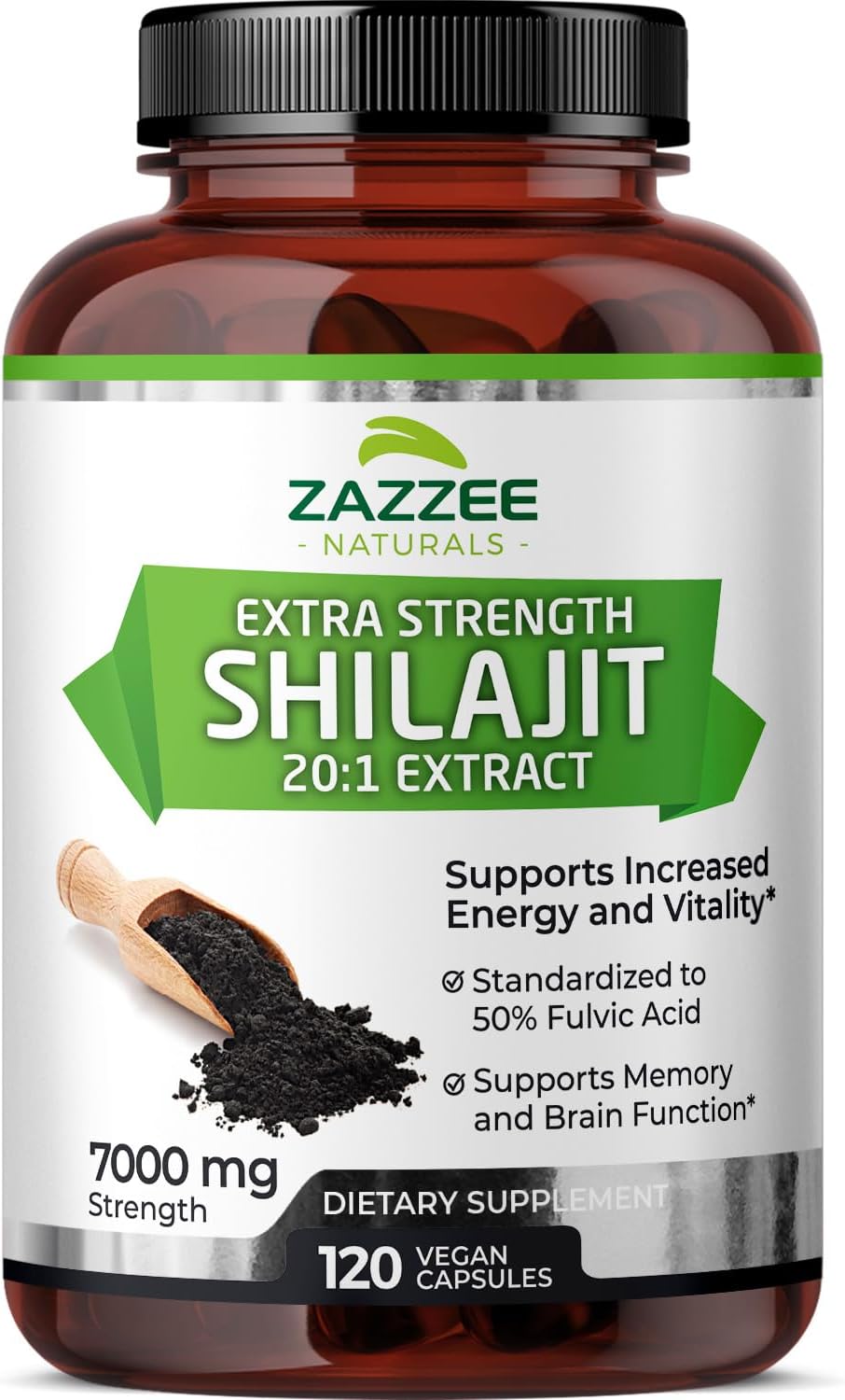 Zazzee 100% Pure Organic Himalayan Shilajit 20:1 Extract, 7000 mg Strength per Capsule, 50% Fulvic Acid, 120 Servings per Bottle, 20X Potency, Rich in Trace Minerals, Non-GMO, Vegan, Made in The USA