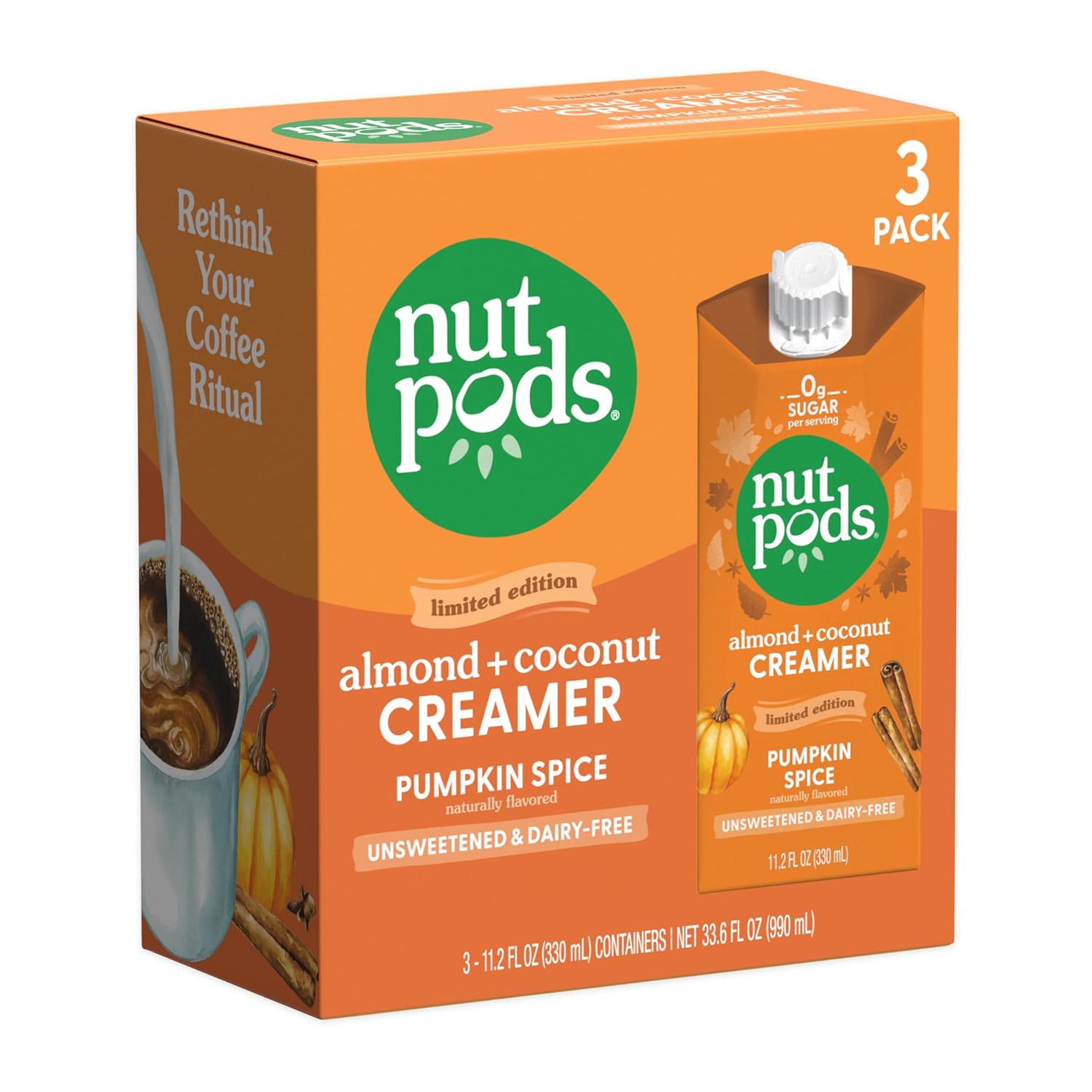 nutpods Pumpkin Spice Creamer - Unsweetened Dairy-Free Creamer, Made from Almonds and Coconuts, Whole30, Gluten Free, Non-GMO, Vegan, Kosher (3-Pack)