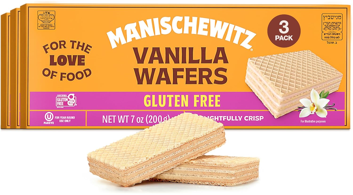 Manishewitz Gluten Free Vanilla Wafers, 7oz (3 Pack) Crispy Wafer with Creamy Vanilla Filling | Dairy Free | Non GMO | Kosher (including Passover)