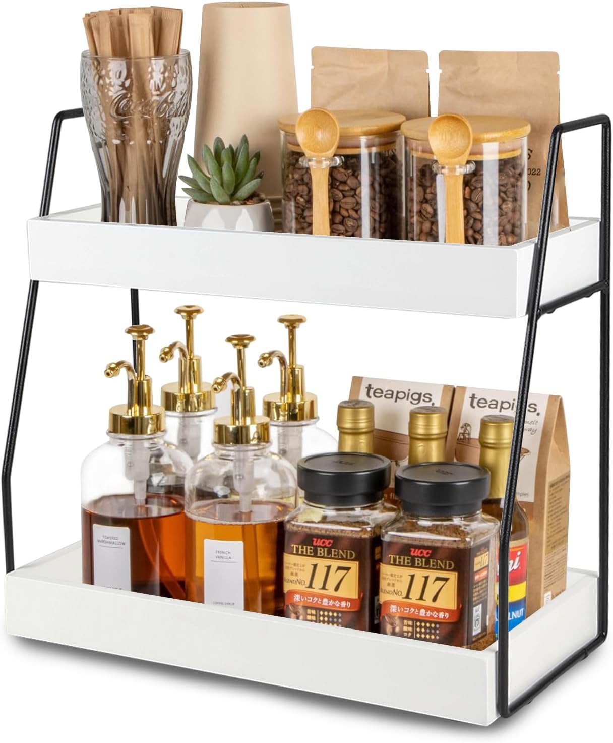 Gzsekken Coffee Station Organizer for Countertop，2 Tier Coffee Bar Station，White Coffee Bar Accessories Organizer Kitchen Counter Shelf,Tea and Coffee Condiment Storage,Coffee Caddy for Home,Office
