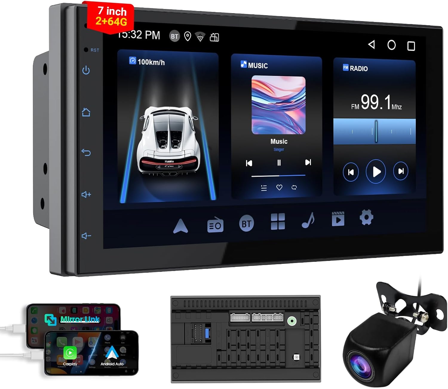 Wireless Car Stereo,7" Car Radio with Wireless CarPlay & Android Auto, Mirror Link,2G+64G,G+G Touchscreen,Bluetooth,GPS Navigation,FM/AM Radio,Backup Camera,MP3 Player,Suitable For Most Vehicles