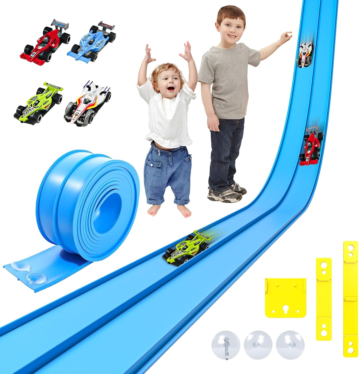 Doloowee Flexible Race Car Track, 3.9M DIY Car Track with 4 Cars, Race Car Ramp Track with Suction Cups, 3.9M Long Rolls Up Portable Racetrack