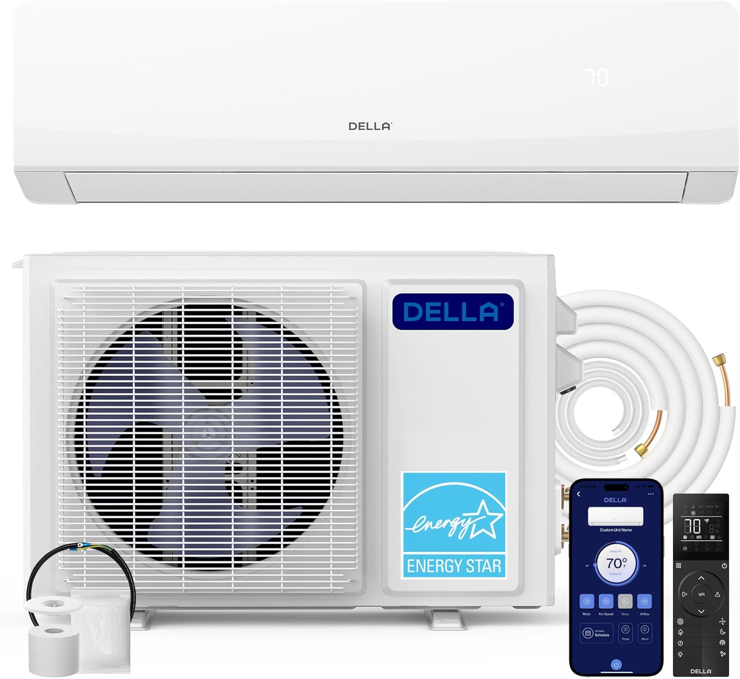DELLA Serena 12000 BTU Mini Split AC & Heat Pump, Energy Star 22 SEER2 1 Ton Inverter 115V Ductless AC System for Rooms up to 550 Sq.Ft, WiFi & Voice Control, Pre-Charged, 16.4ft Install Kit