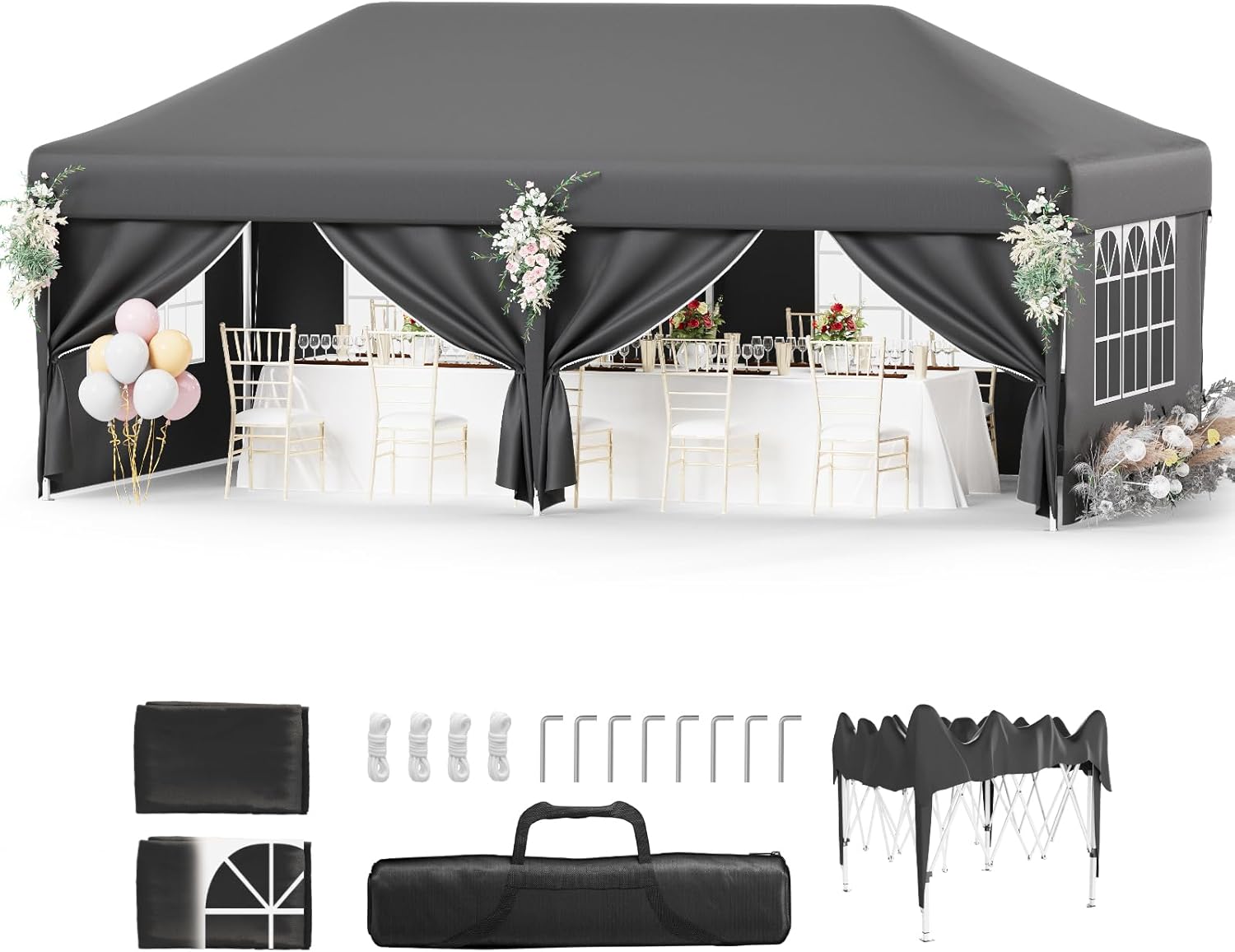 Devoko 3m x 6m Pop Up Gazebo with Sides, Large Waterproof Marquee Canopy Party Tent for Garden, Outdoor Events, Weddings & Markets, UV50+ Protection, Height Adjustable, Carry Bag & Accessories, Grey