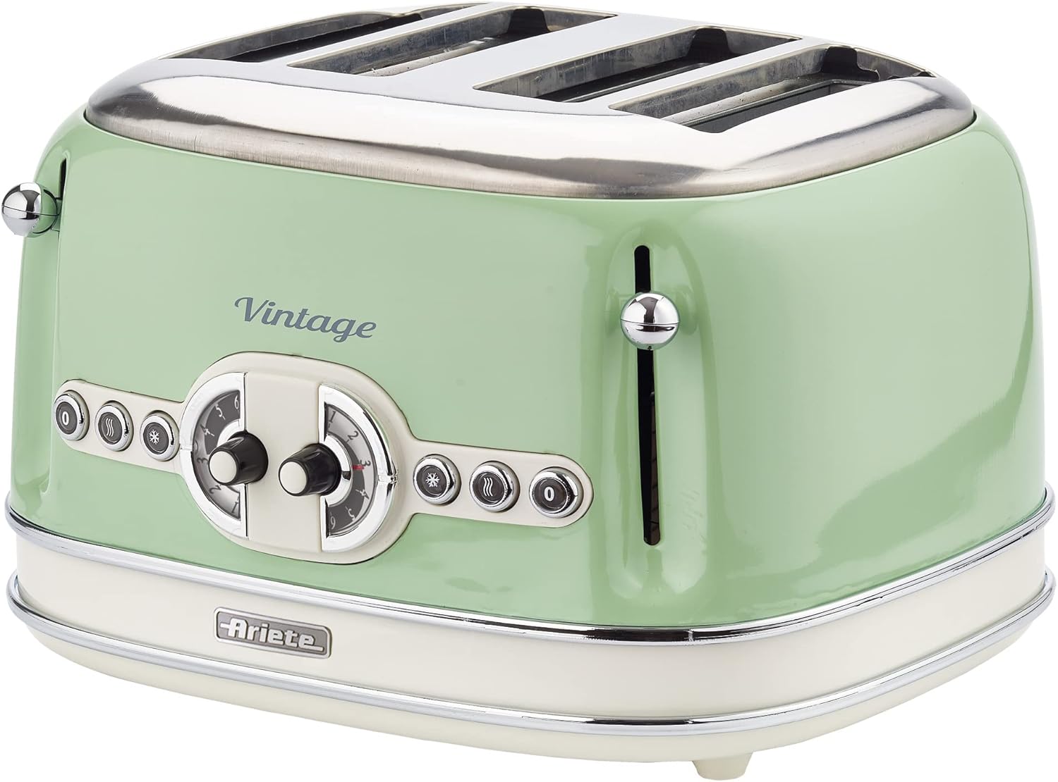 Ariete 0156/04 Retro Style 4 Slice Toaster with 2 Slice Control, 6 Browning Levels and Removable Crumb Tray, Cool Touch Sides, Non-Slip Feet, Vintage Design, Green