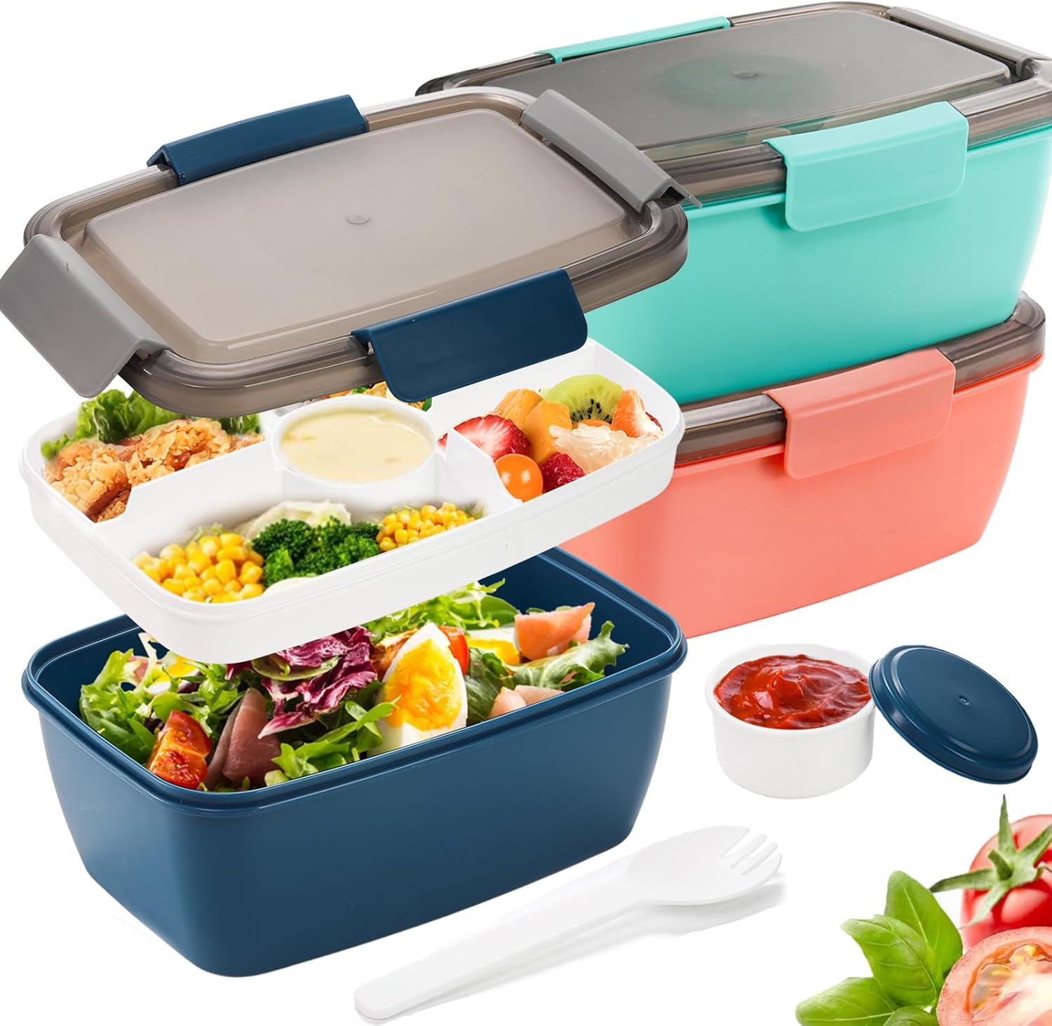 YOUEON 3 Pcs 2L Salad Lunch Container with 4 Compartment Tray, Lunch Box with Spoon & Dressing Cup, Leakproof Salad Container for Lunch, Salad Toppings, Snacks, Fruits, BPA-Free